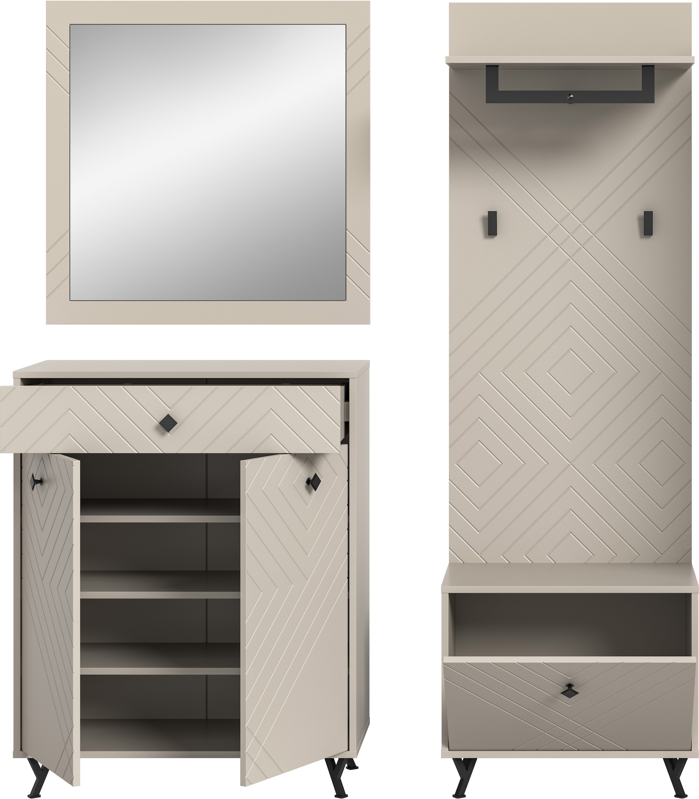 INOSIGN Garderoben-Set »Mento, 4-teilig, Ornamentfräsung in der Front, bestehend aus:«, (Set, 4 St.), Kommode, Spiegel, Sitzbank & Garderobenpaneel, Metall Griffe & Füße