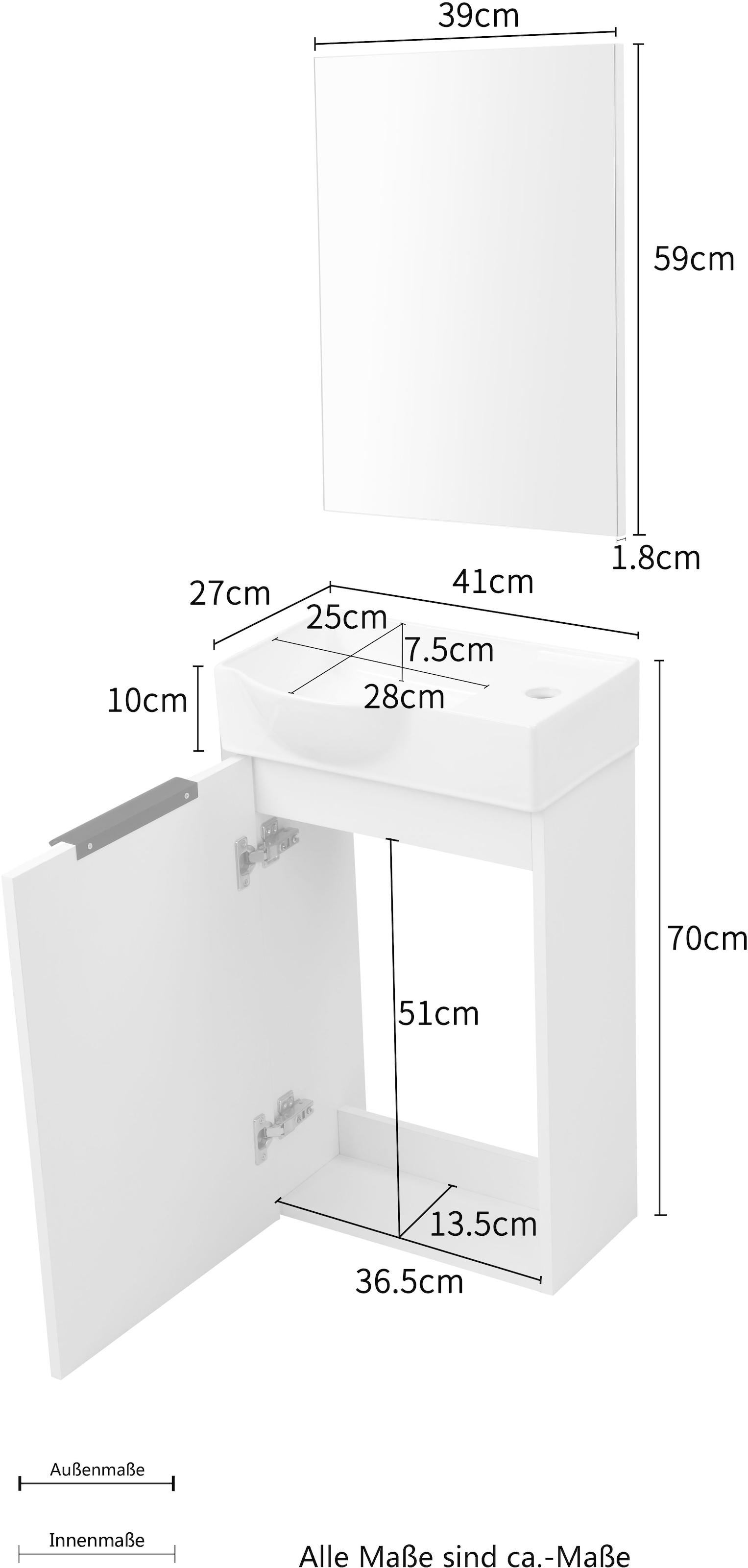 welltime Badmöbel-Set »Sienna Gästebad platzsparend«, (Komplett-Set, 3 St., 3-teilig), Möbelset Badezimmer, 3-teilig, hochglanz 41 cm, weiß, Softclose