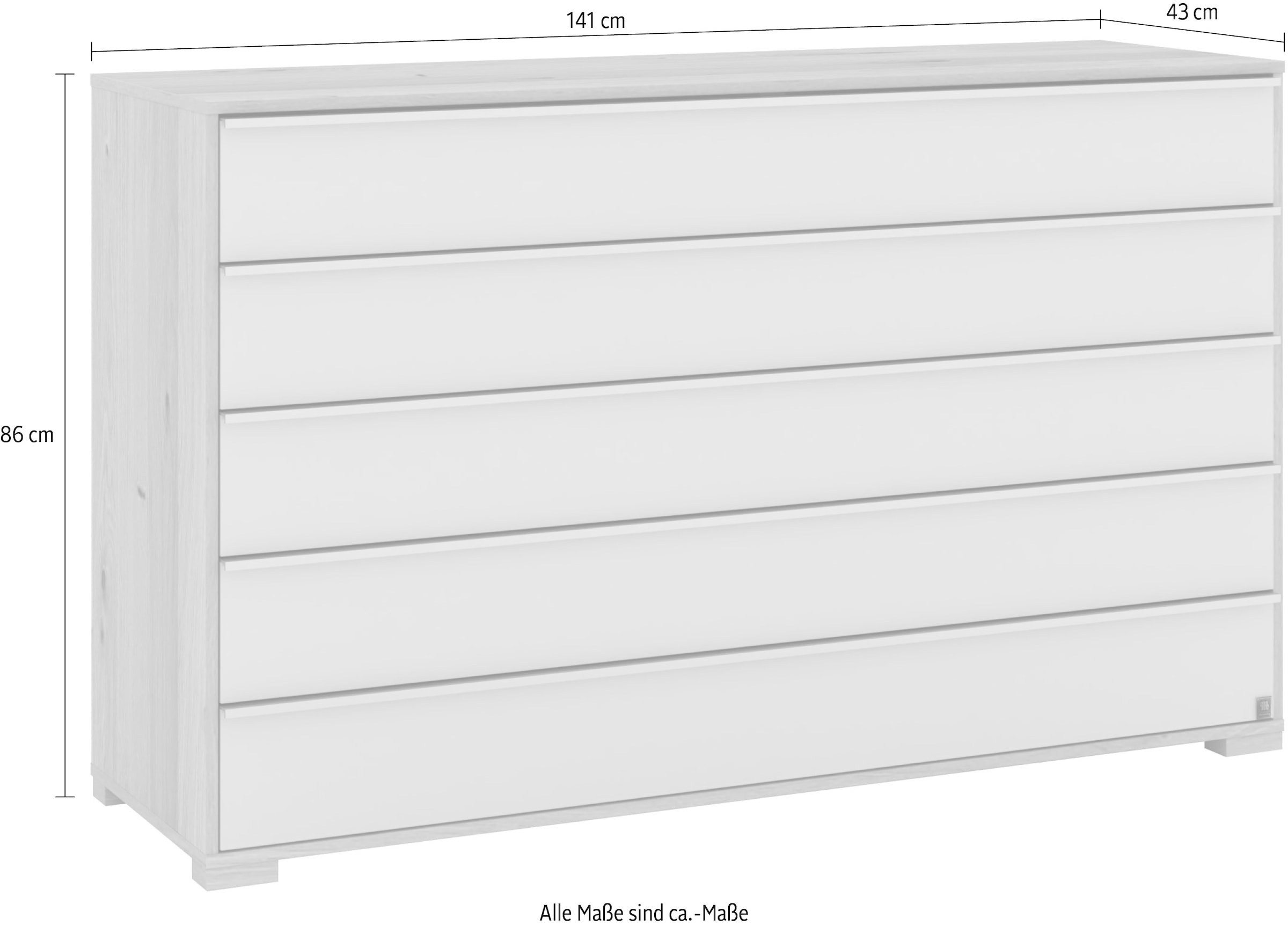 Musterring Schubkastenkommode »Savona Sideboard, Wäscheschrank, mit Schubladen, teilmassiv, 141 cm«, (Bianco-Eiche, mit Glas, mit Selbsteinzug und Dämpfung, MADE IN GERMANY), Fronten Glas Champagner, Schubkästen mit Soft-Abstoppung, Breite 141cm