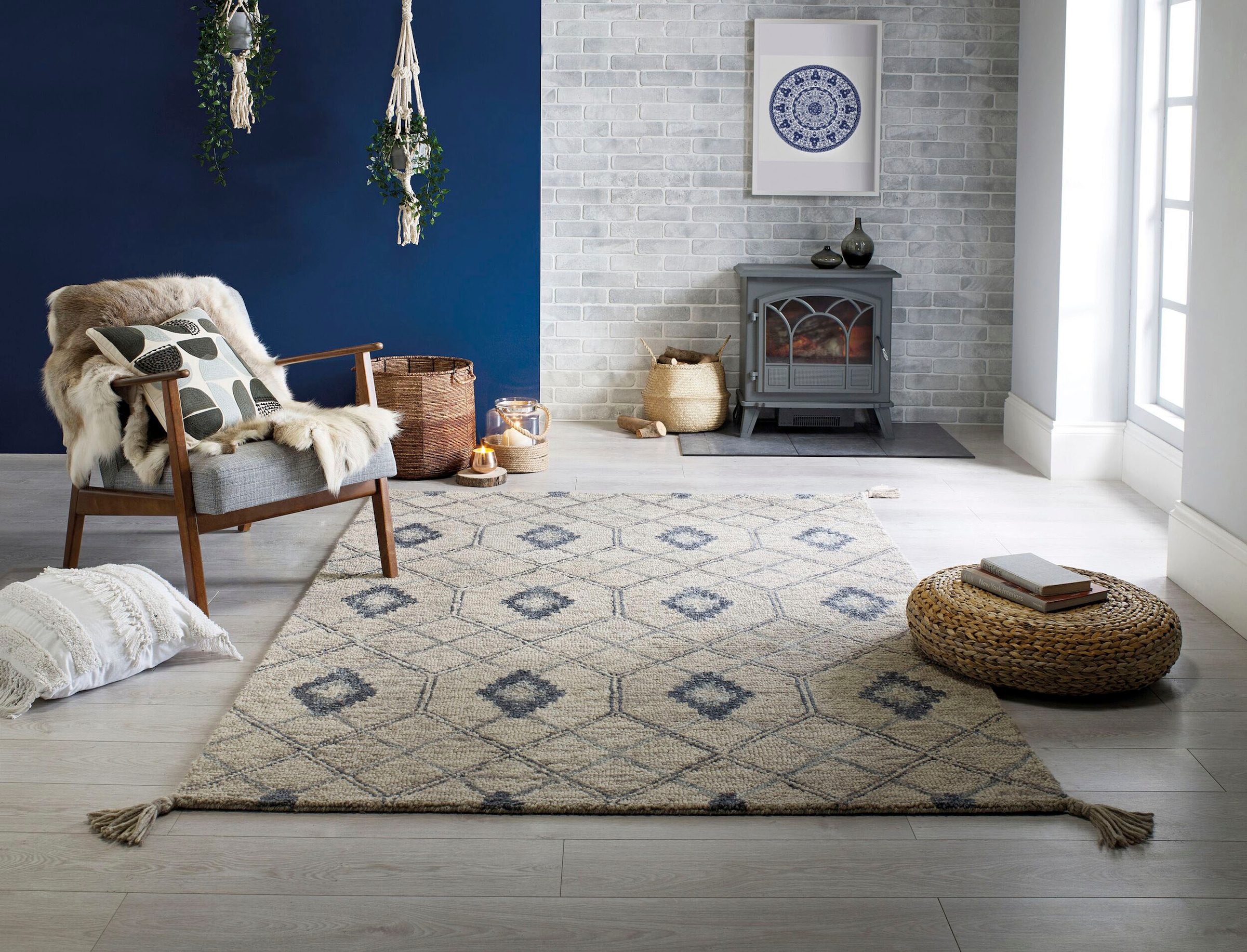 FLAIR RUGS Wollteppich »Diego«, rechteckig, 40 mm Höhe, fußbodenheizungsgeeignet, aus 100% Wolle, mit Quasten, Boho Look