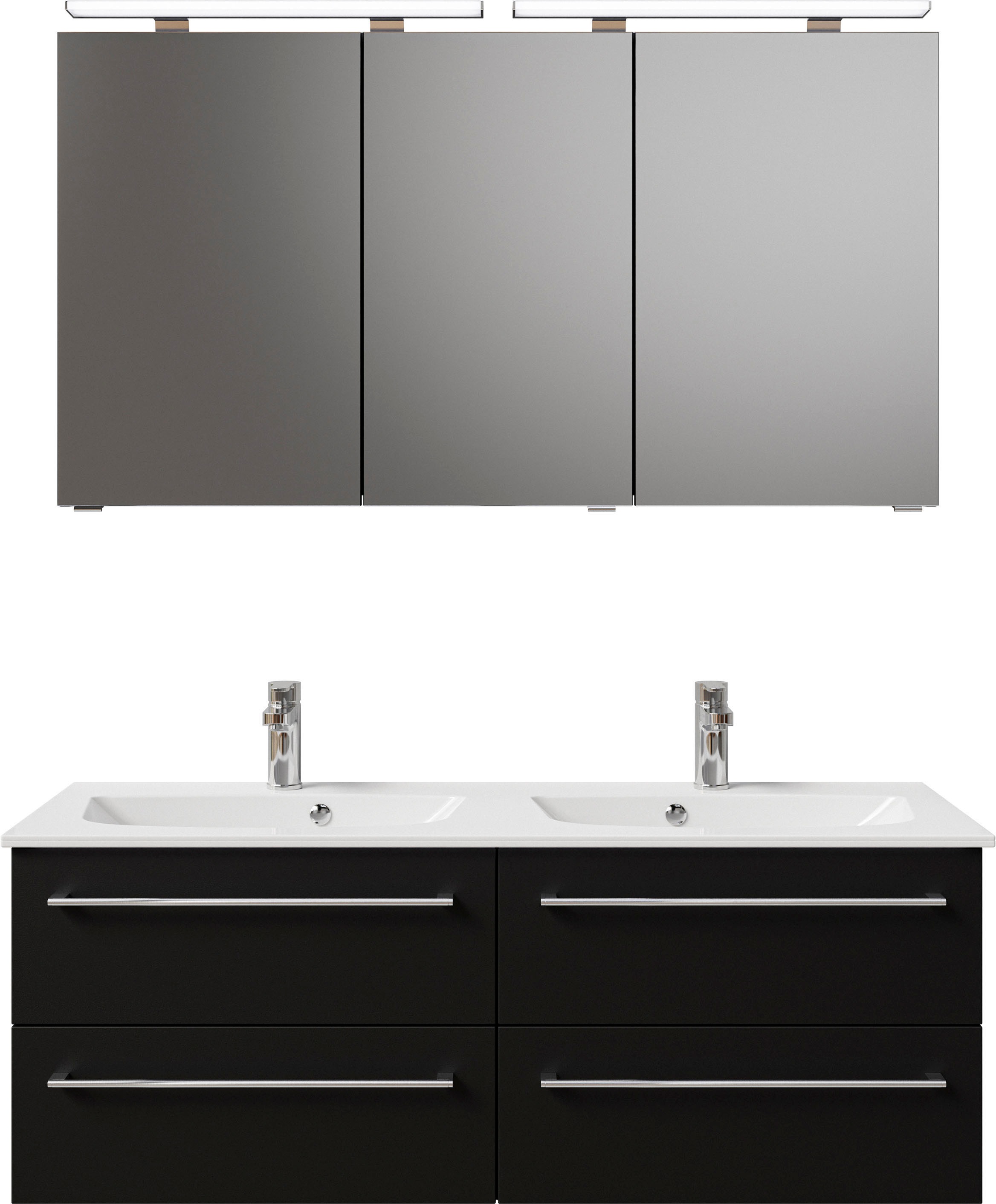 Saphir Badmöbel-Set »Serie 6025 2-teilig Mineralmarmor-Waschtisch mit LED-Spiegelschrank«, (2 St.), Waschplatz 132cm breit, 4 Schubladen, 2 Spiegel-Türen, inkl Türdämpfer