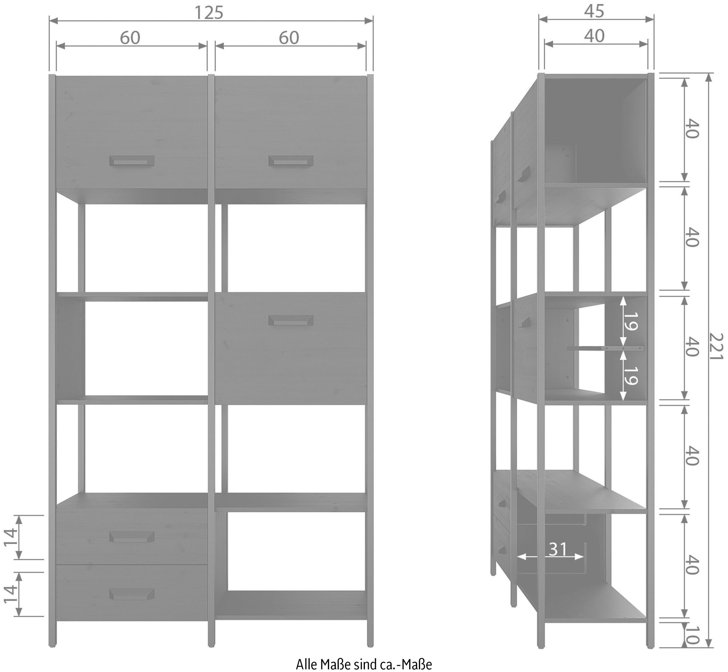 WOOOD Regal »Legacy«, mit Schubladen, H 221 cm x B 125 cm
