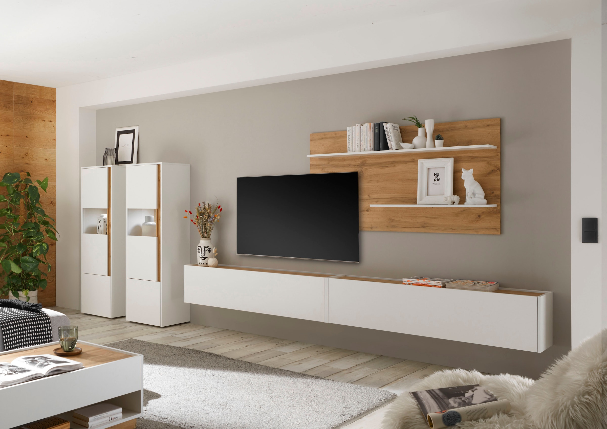 INOSIGN Wohnwand »City/Giron, moderne Anbauwand, Komplettset in vielen Farben verfügbar«, (Set, 5 St.), enthält zwei Vitrinen, zwei Hängeschränke & ein Wandboard