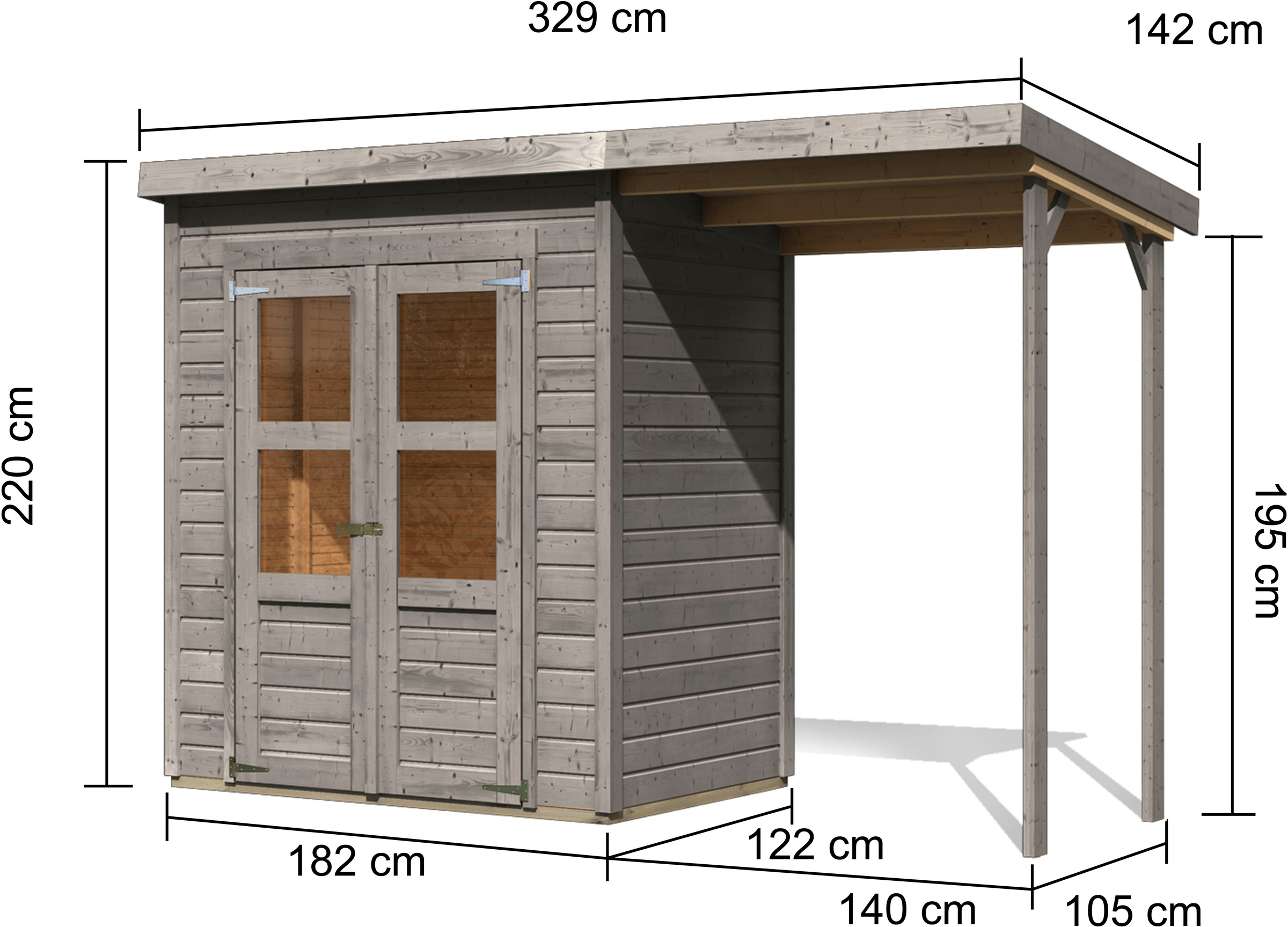 Karibu Gartenhaus »»Merseburg 2« vorvergraut mit Anbaudach«, (Set), aus Fichtenholz, farbig lasiert