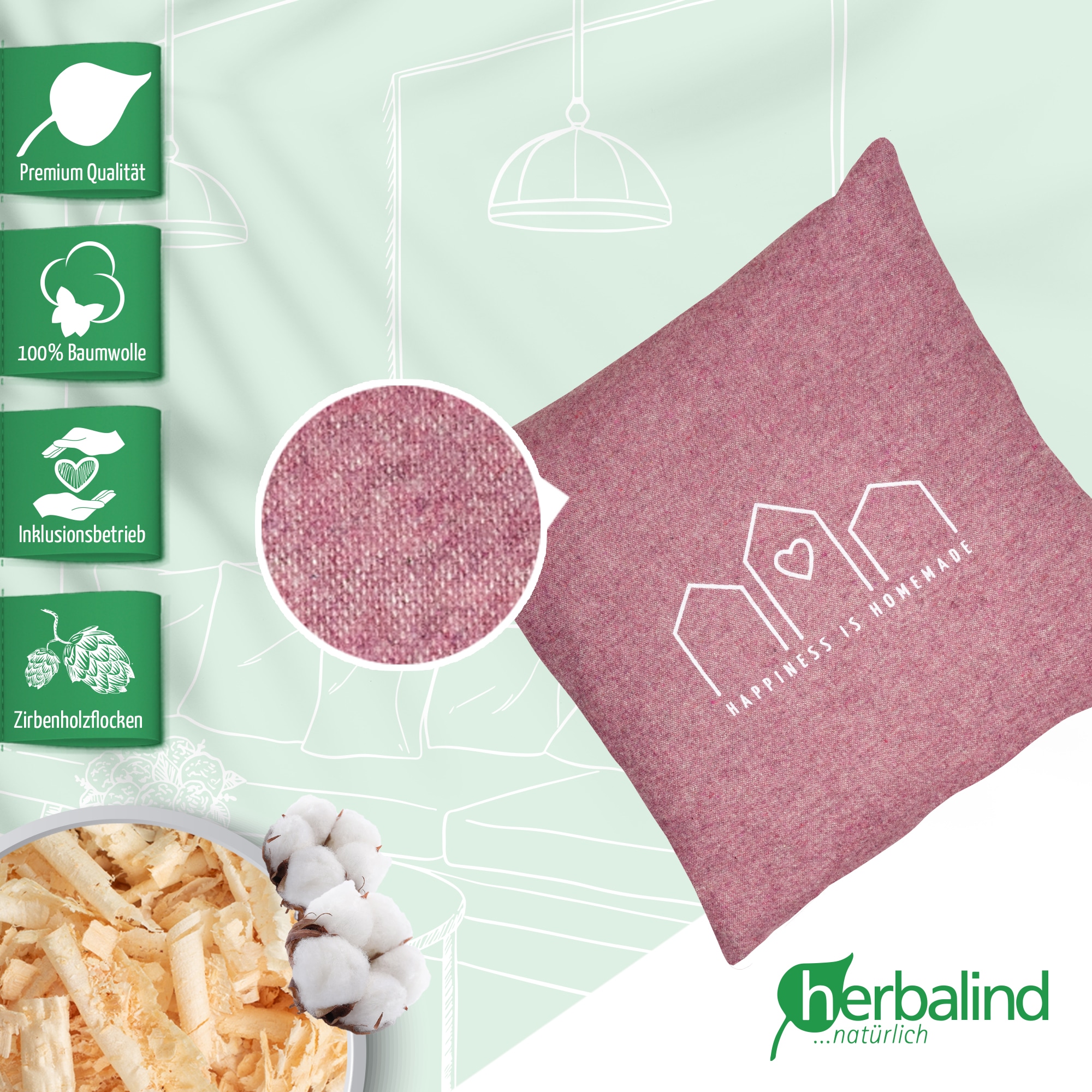 herbalind Zirbenkissen »Happiness is Homemade - Flanell in rot 30x30 mit Reißverschluss« 100% Baumwolle mit Zirbe Füllung - Handmade in Germany