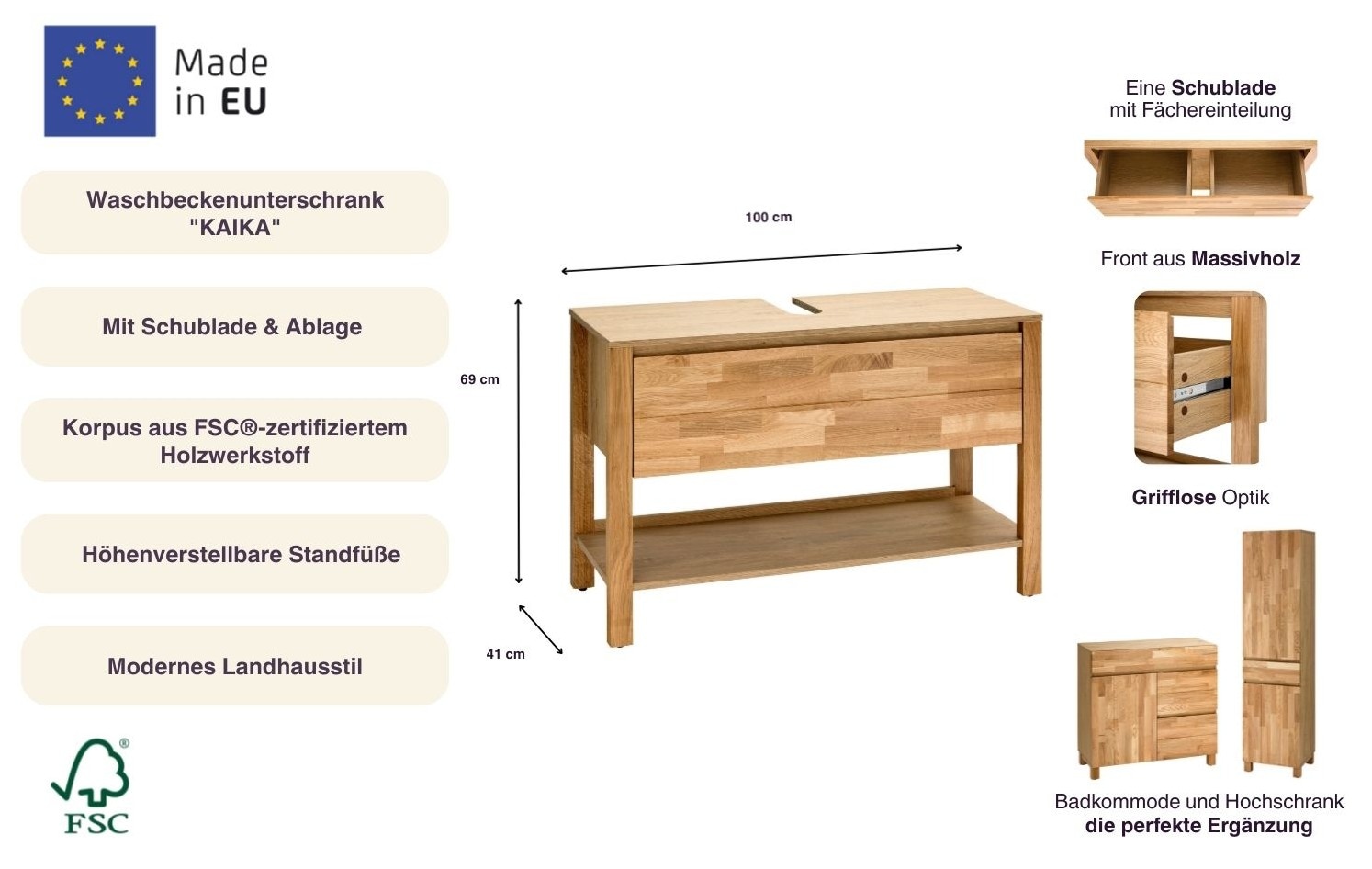 Home affaire Waschbeckenunterschrank »Kaika« Breite 100 cm