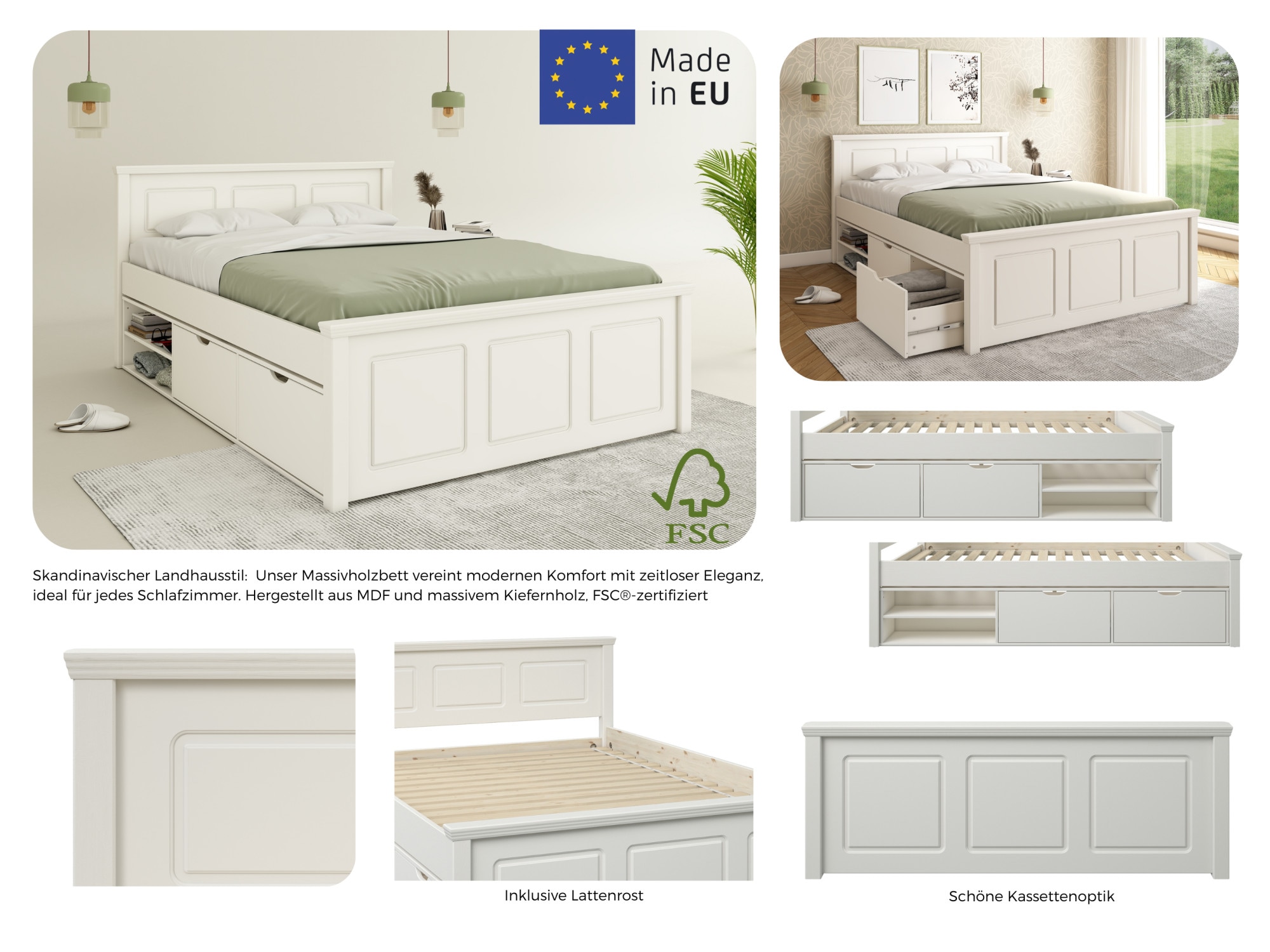 OTTO home Stauraumbett »Svea, Bett, teilmassiv, funktional« B/T/H: 150/211/93 cm,  inklusive Lattenrost, Bettschubkasten, FSC® zertifiziert