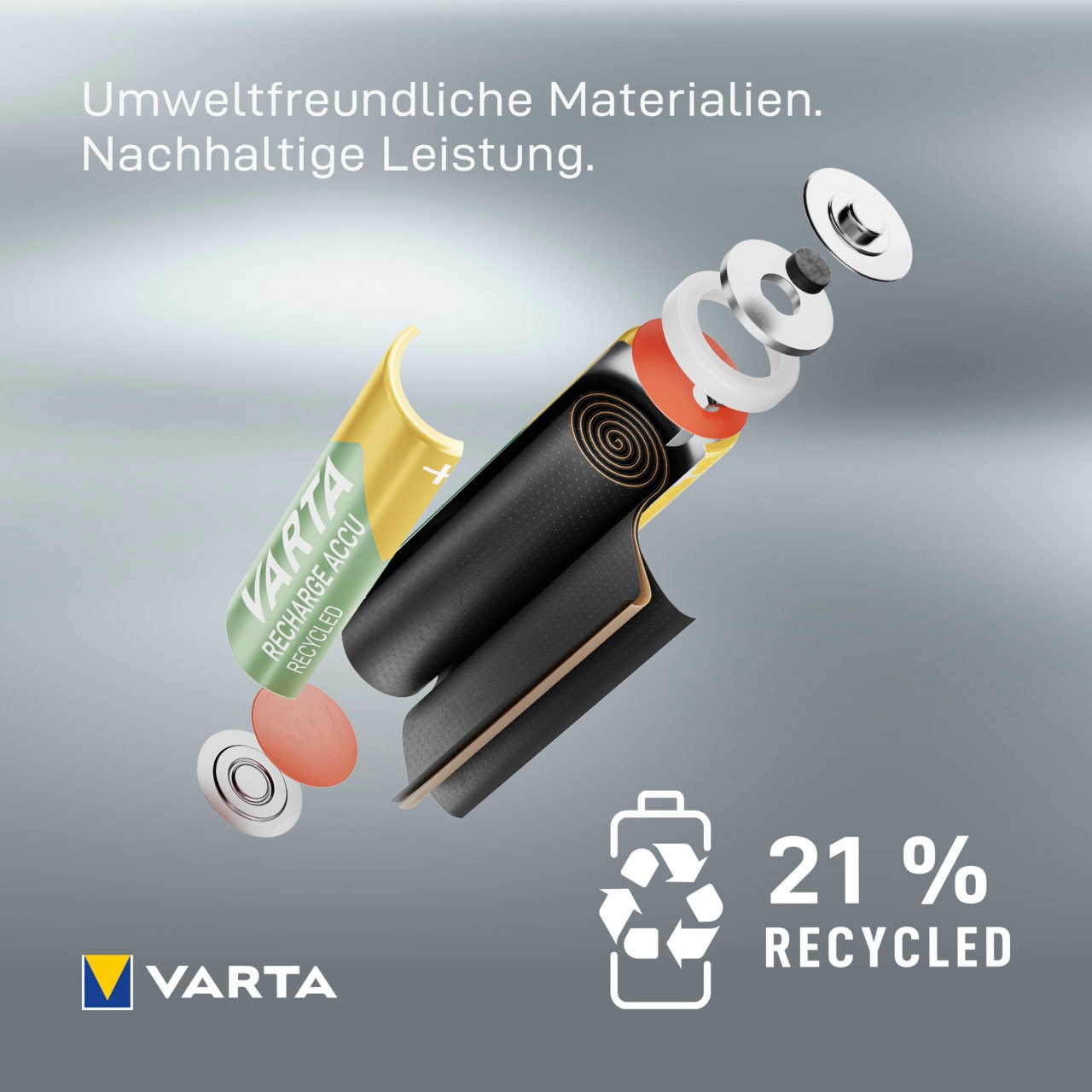 Accu - V, VARTA aus Akku Batterien wiederaufladbare Memory AA St.), Ready-To-Use Material 1,2 Ni-MH Recycled, Pack, ohne 11% 2100mAh) »wiederaufladbare Akkus«, (4er - (Packung, 4 wiederaufladbar Recharge VARTA Micro vorgeladener recyceltem