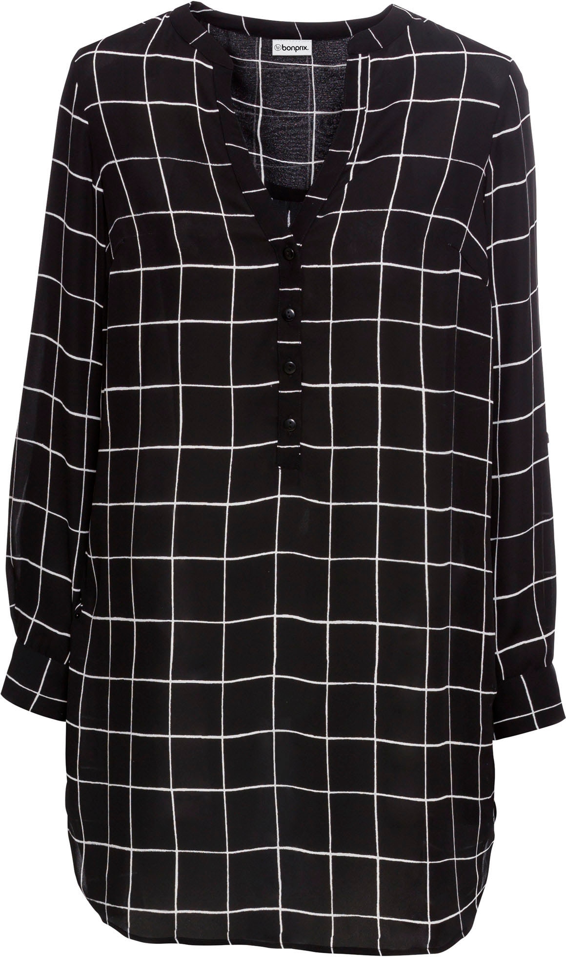 bonprix Longbluse gerade Passform, mit Umlegekragen, mit tiefem V-Ausschnitt