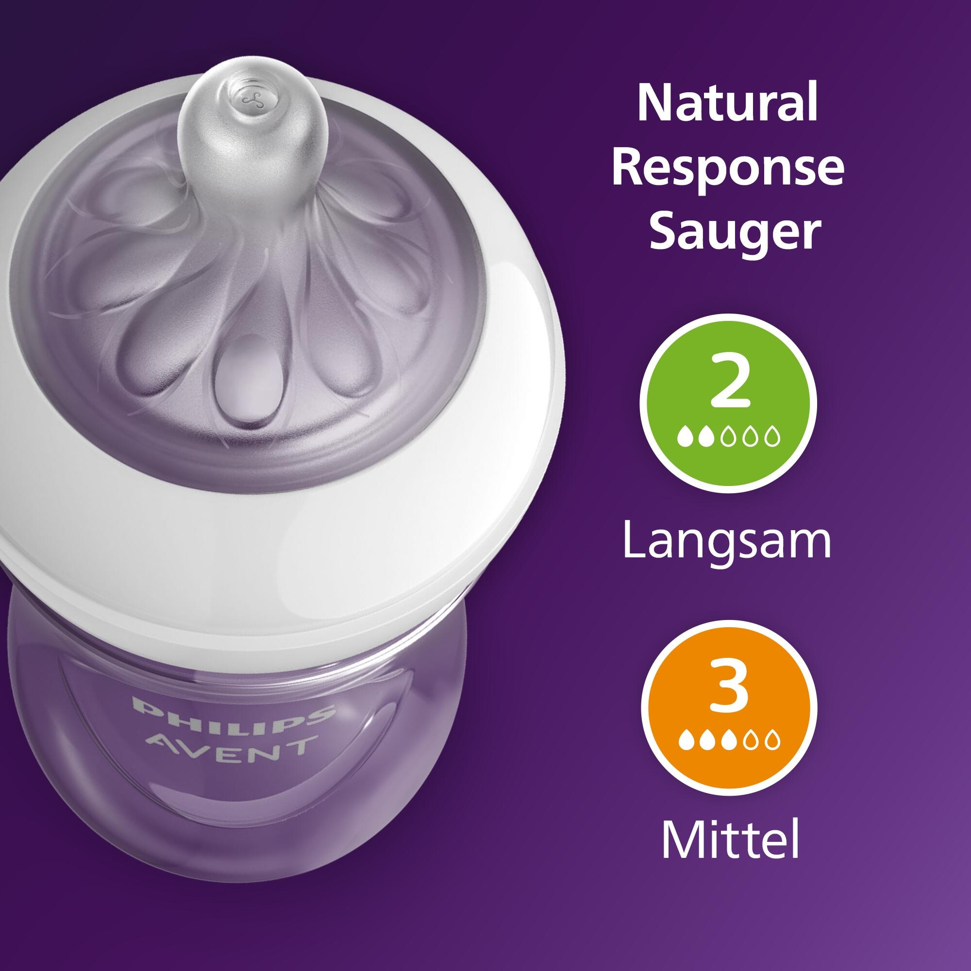 Philips AVENT Babyflasche »Natural Response Flaschen-Set Air-Free Ventil SCD657/11« 4 Flaschen mit AirFree-Ventil, ultra soft Schnuller, Flaschenbürste