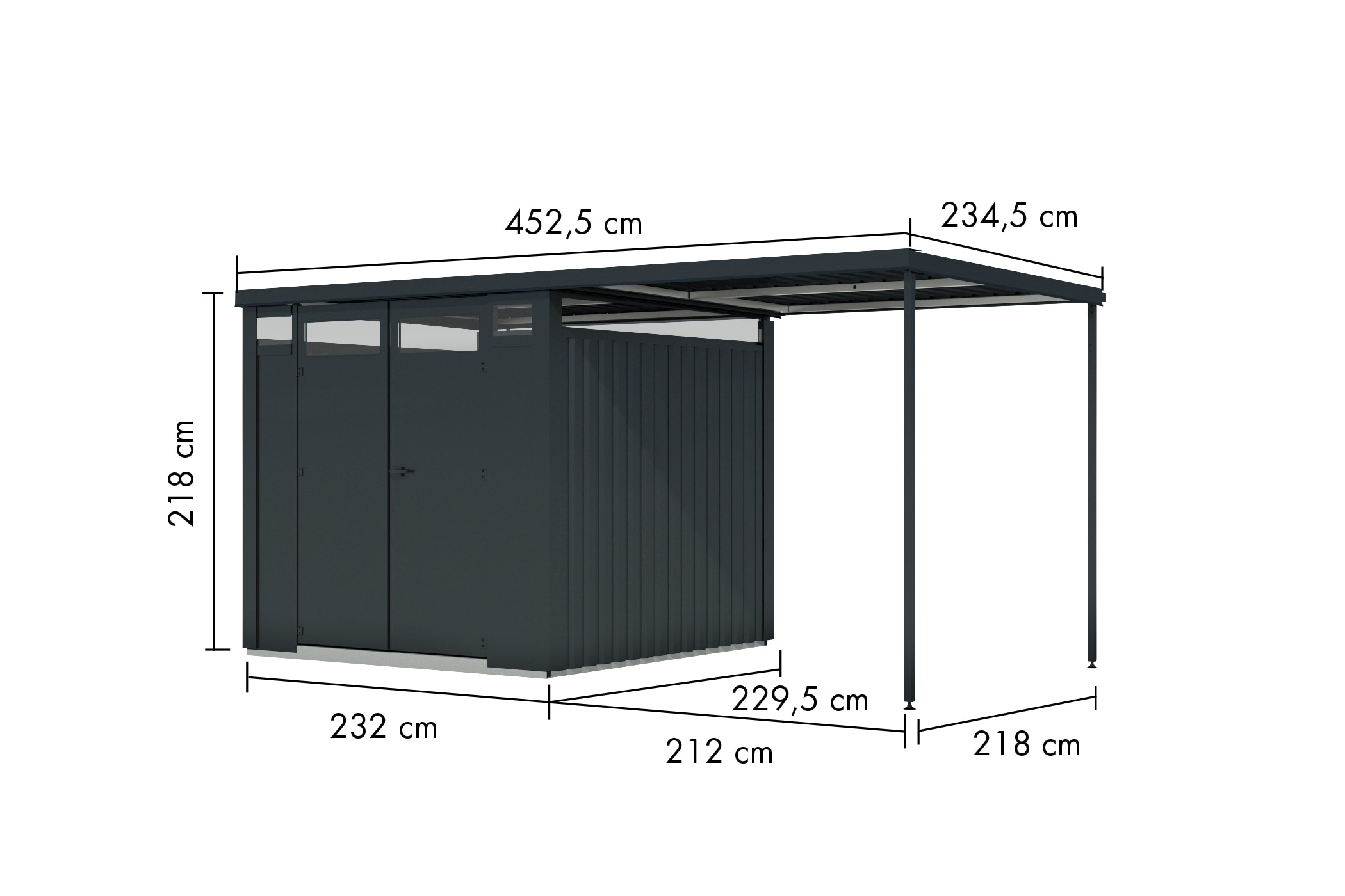 Karibu Gartenhaus »"Østen 2" SET mit Anbaudach 2,25 m«, pulverbeschichtetes Trapezblech, Rahmen aus verzinktem Vierkantrohr