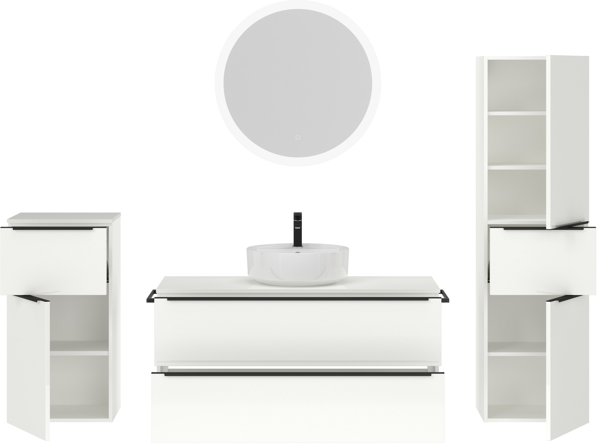 nobilia® Badmöbel-Set »Alvene«, (4 St., vormontiert, mit Soft-Close), Hochglanz, inkl. Spiegel mit Touch-Sensor, in vier Breiten