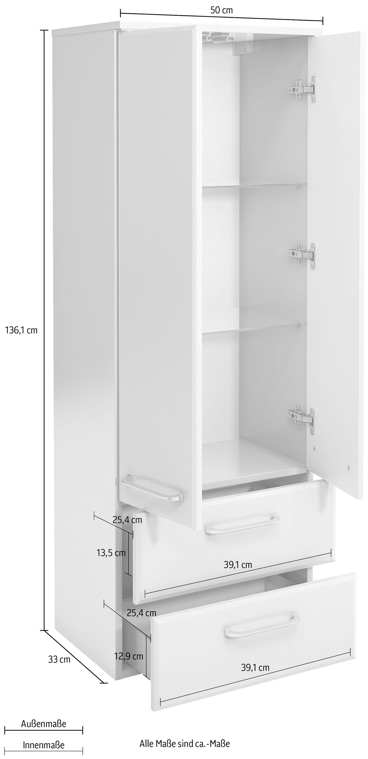 Saphir Midischrank »Quickset Badschrank 50 cm breit, 2 Türen, 2 Schubladen, 2 Einlegeböden« Badezimmer-Midischrank inkl. Türdämpfer, Griffe in Chrom glänzend