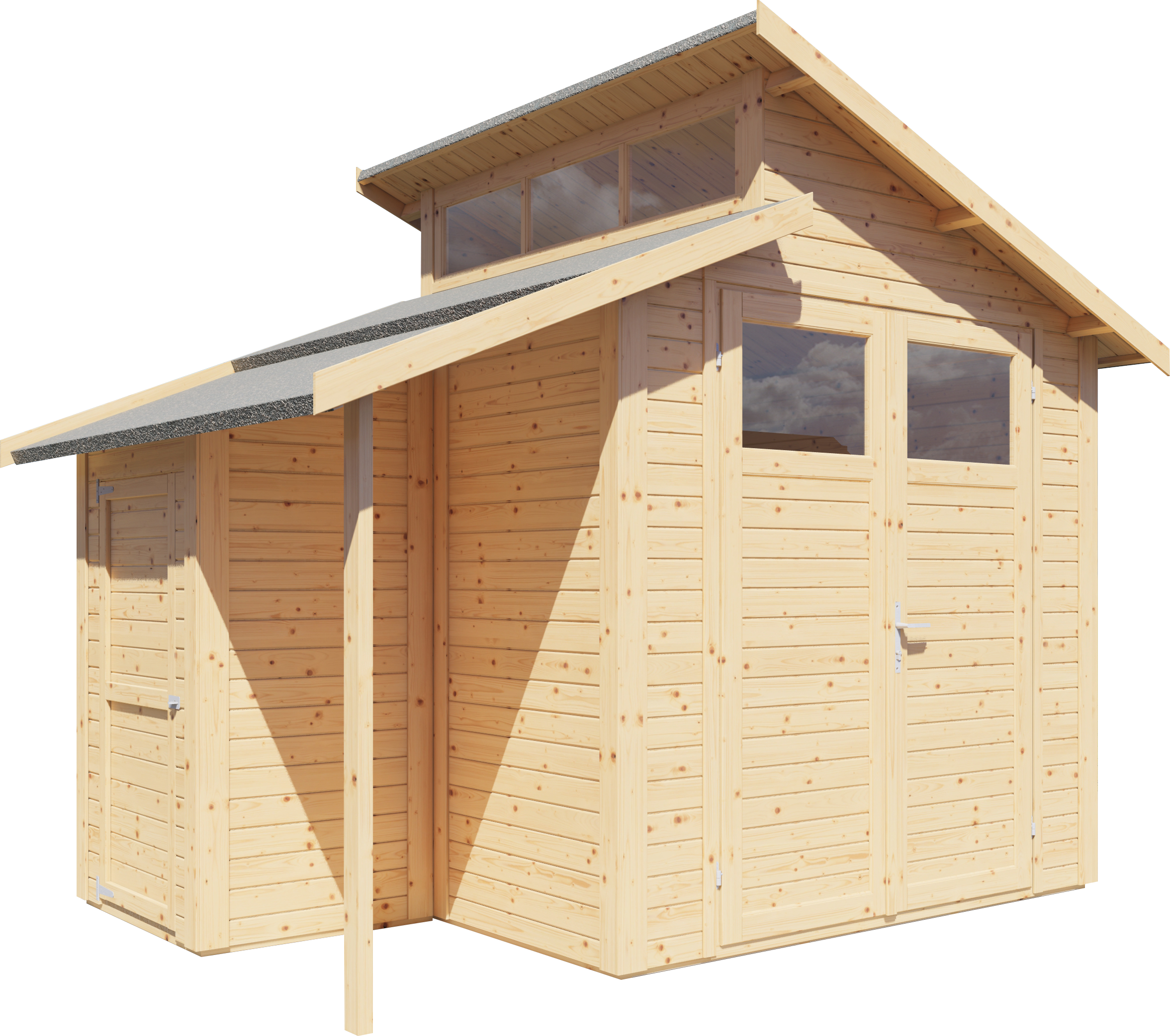BERTILO Gartenhaus »Studio Set 2, in verschiedenen Farben«, mit Doppelpultdach, Oberlicht und Dachverlängerung + Wandschrank