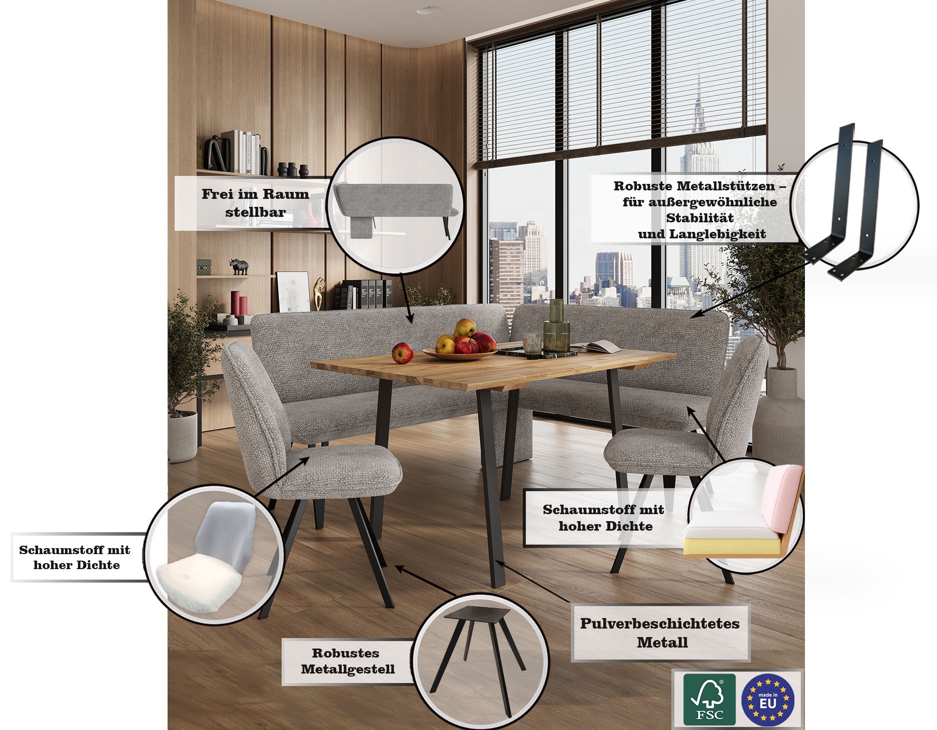 Home affaire Eckbank »Mily Küchenbank, Polsterbank, Esszimmerbank, 205x164 cm«, Moderne Bank und Farben, Sitzplatzanzahl: 5, Frei in Raum stellbar
