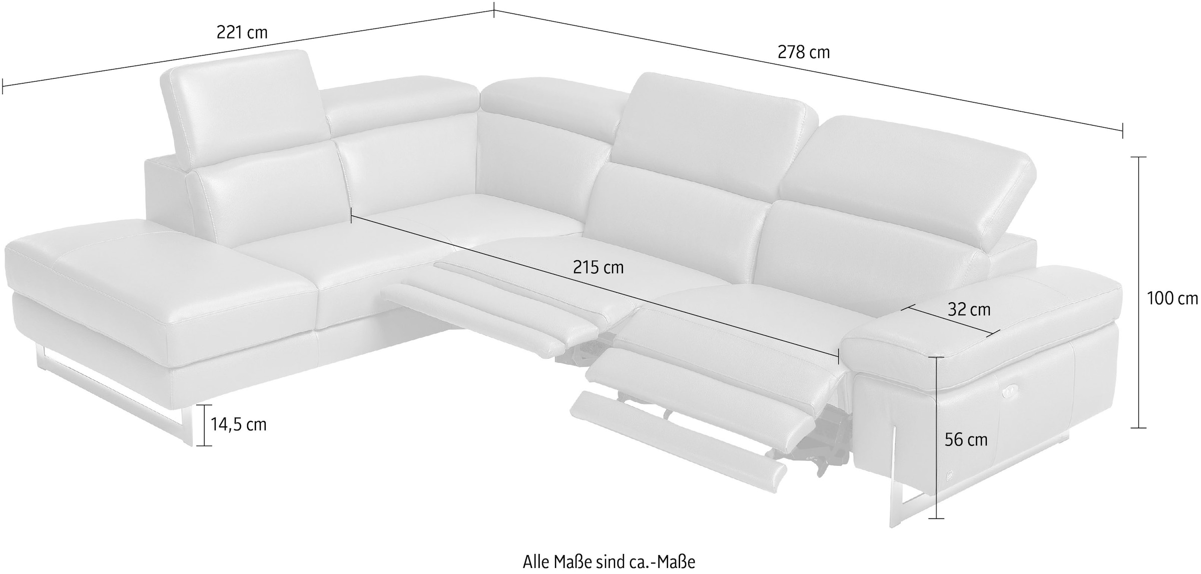 Egoitaliano Ecksofa »Candice, elegant, edel und bequem, erstklassiger Sitzkomfort, L-Form«, inkl. 2 elektrischer Relaxfunktionen, Bedienung über Taste an Armlehne