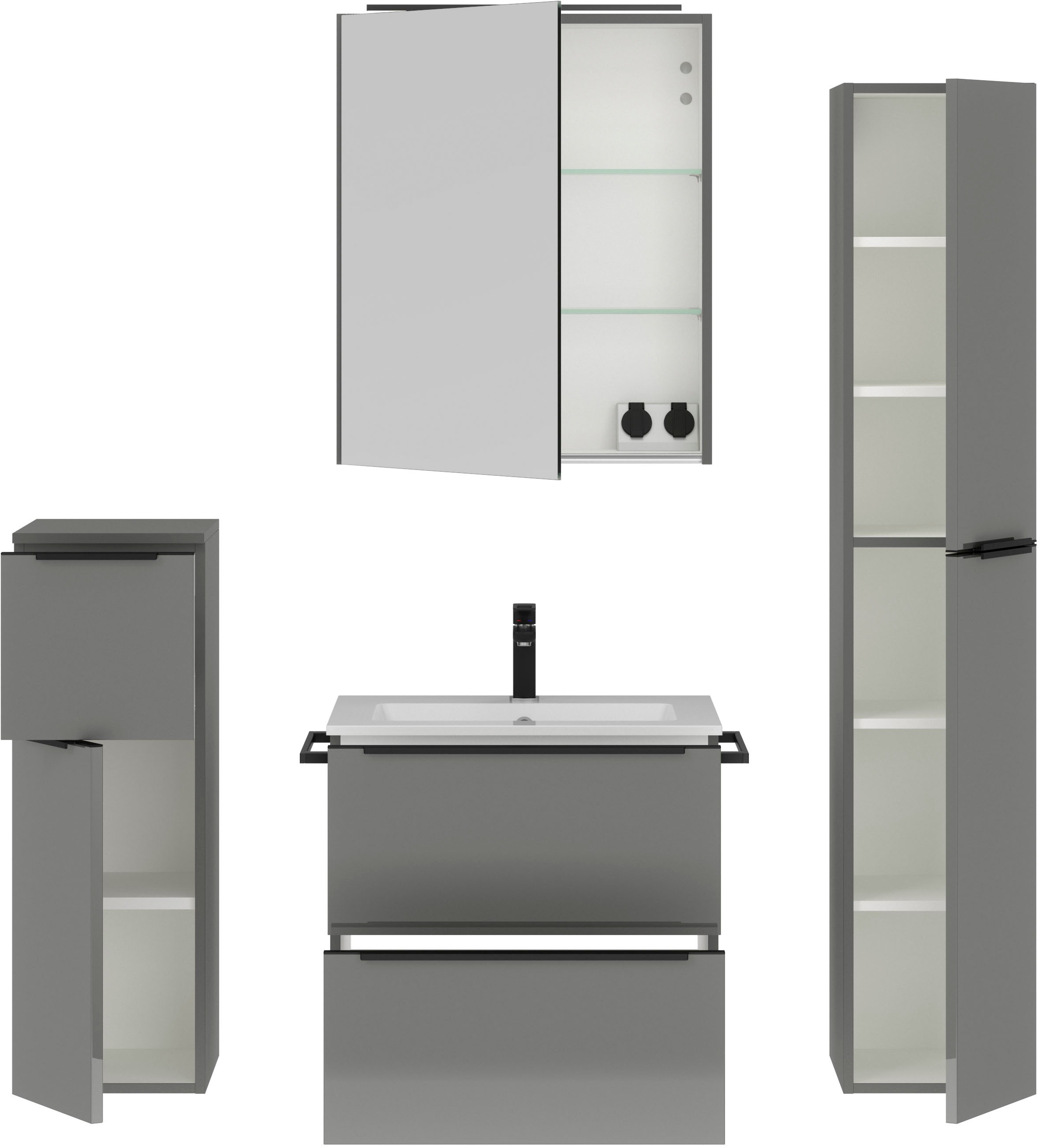 nobilia® Badmöbel-Set »Levere«, (4 St., vormontiert, mit Soft-Close), inkl. Spiegelschrank mit Beleuchtung und Dimmerfunktion, in 4 Breiten