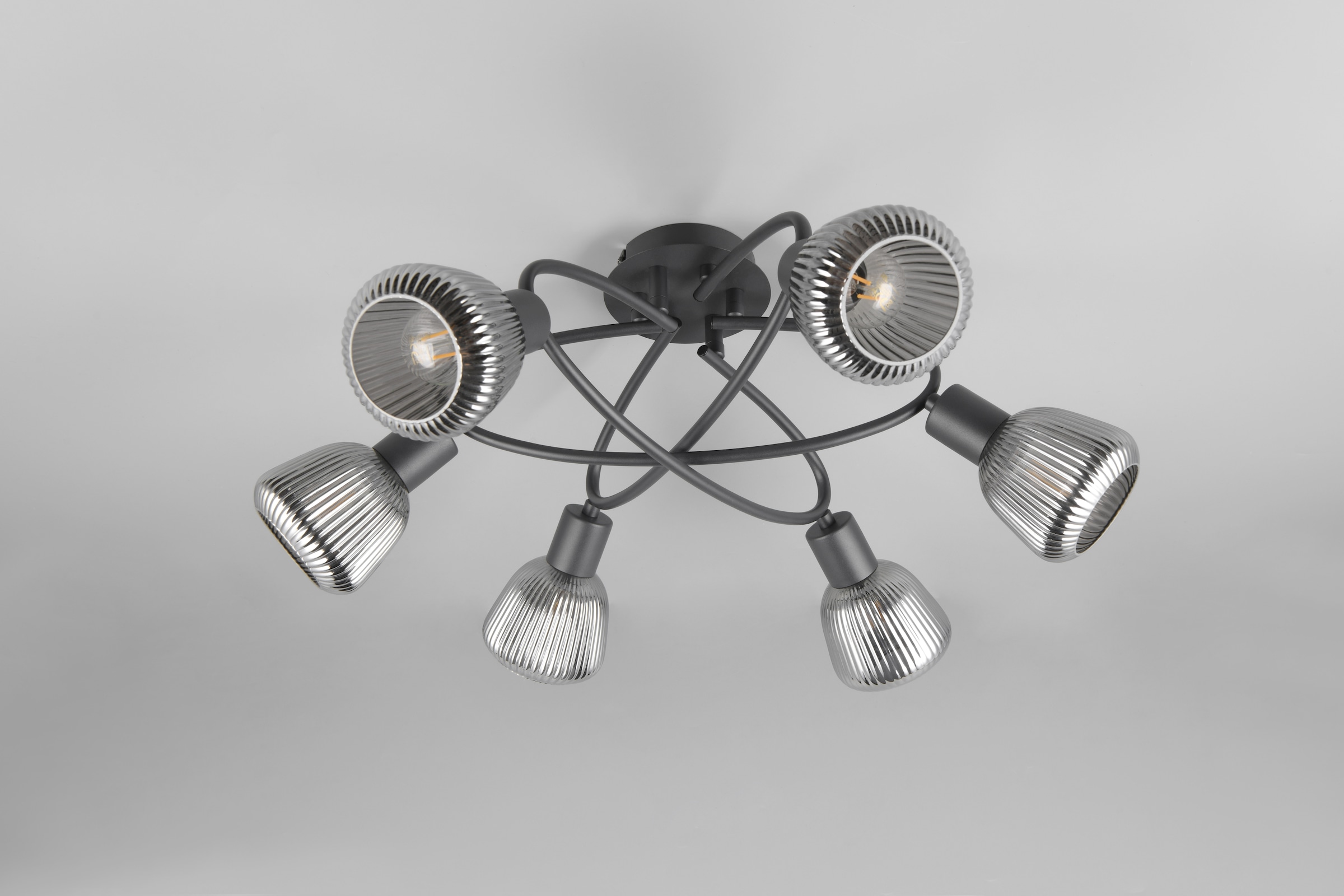 TRIO Leuchten Deckenleuchte »TARIFA, 6-flammige Deckenlampe exkl 6xE14 max 10W, Glas Hängelampe« E14 1 Stk. warmweiß - kaltweiß Ø 59cm, Glas Lampenschirme in Riffeloptik und leicht verspiegelt, IP20