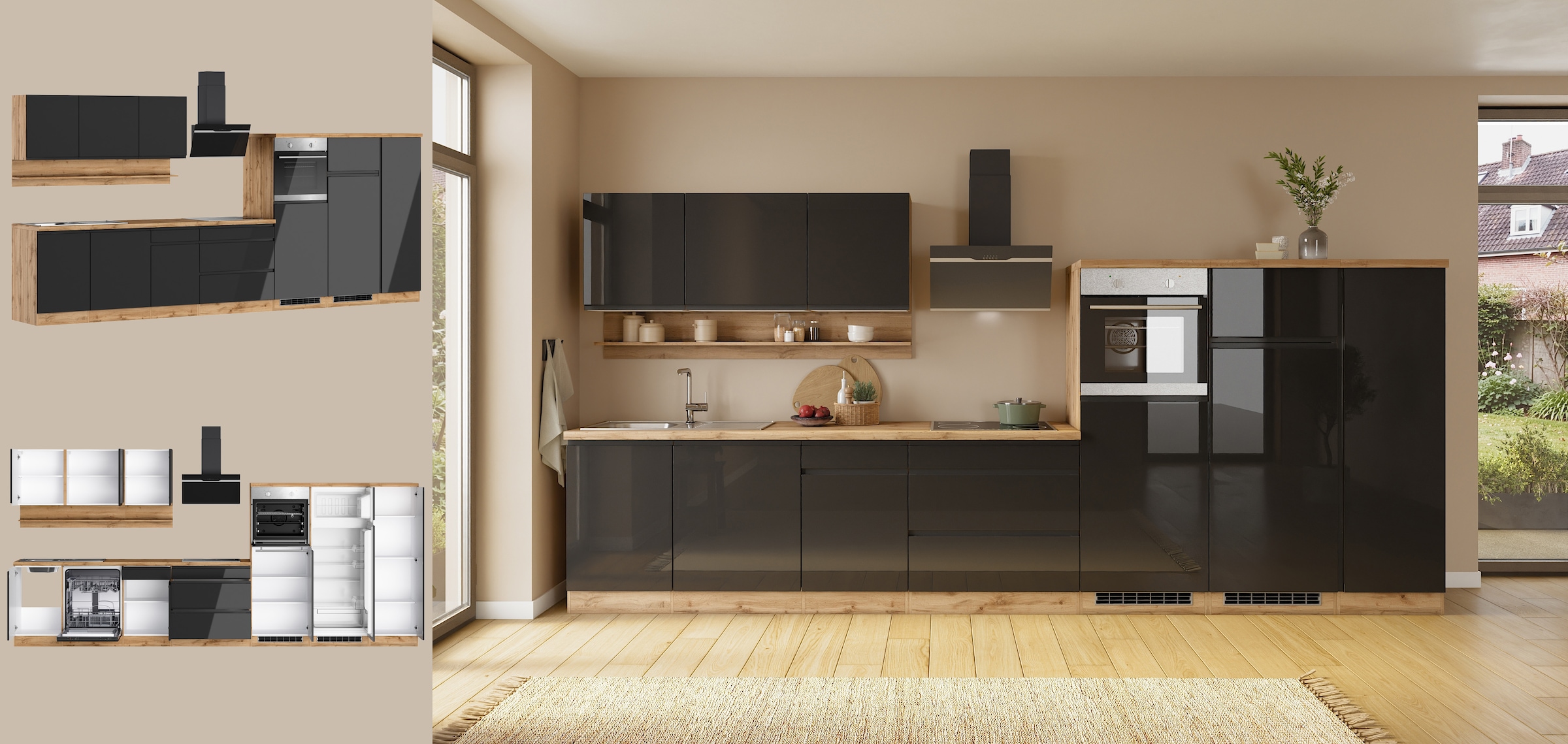 KOCHSTATION Küchenzeile »KS-Virginia,neu in verbesserter Ausführung« Arbeitsplatte 38 mm stark, Stauraum, Softclose,  Breite 410 cm, Softclose, wahlweise mit E-Geräten und Induktion