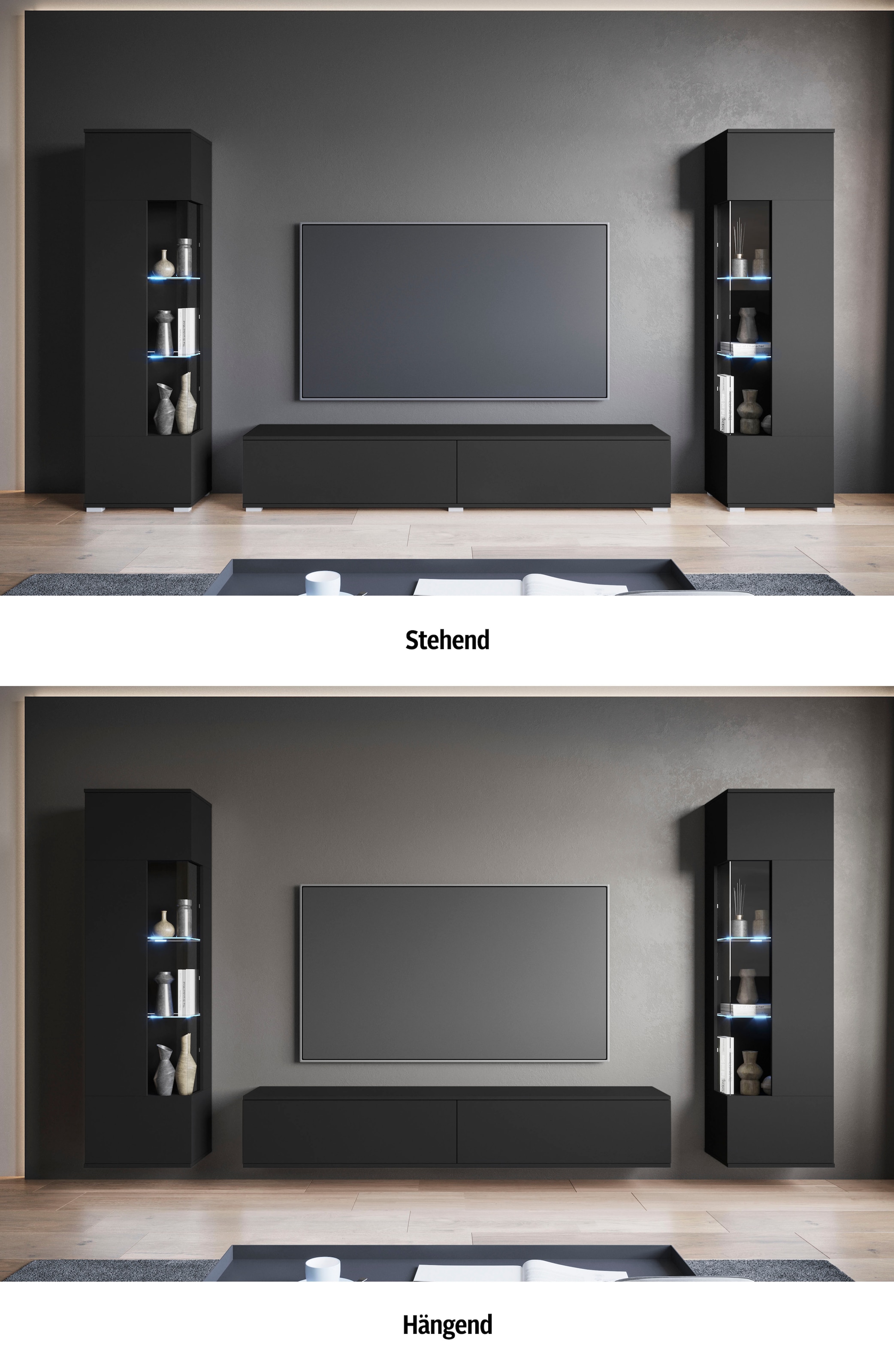 INOSIGN Wohnwand »Kenia, Vitrine Türanschlag links/rechts wechselbar«, (3 St.), Vitrinen mit Eckverglasung, hängend und stehend montierbar