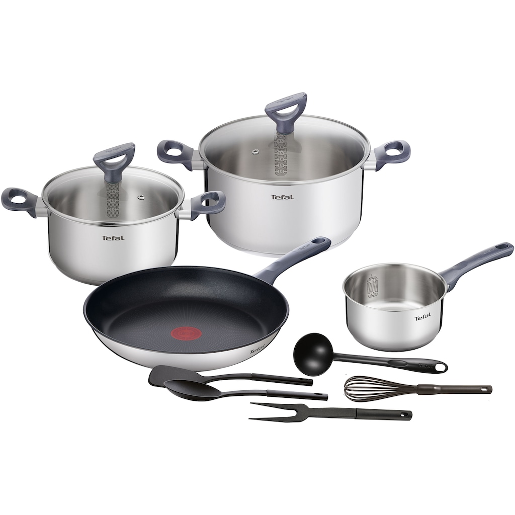 Tefal Topf-Set »Daily Cook«, Edelstahl, (Set, 11 tlg., Stielkasserolle 16 cm, Kochtopf mit Deckel 20/24 cm, Bratpfanne 28 cm)