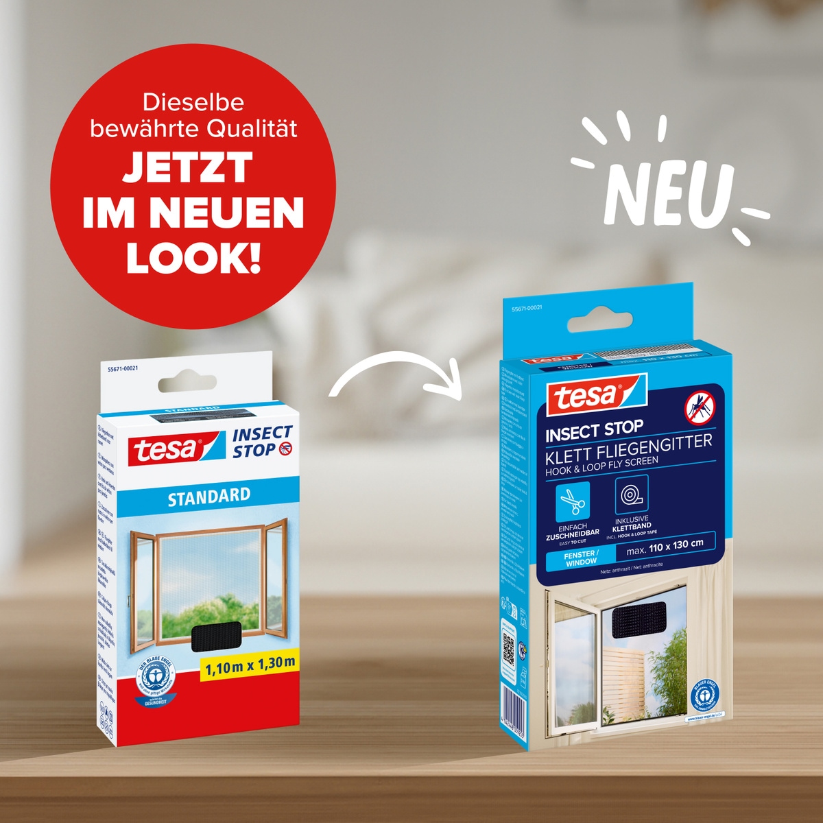 tesa Fliegengitter-Gewebe »Klett Fliegengitter für Fenster - Insektenschutz« Packung, Fliegennetz, Klettband, 3 Stk. tlg. INSECT STOP mit Klettband, zuschneidbar