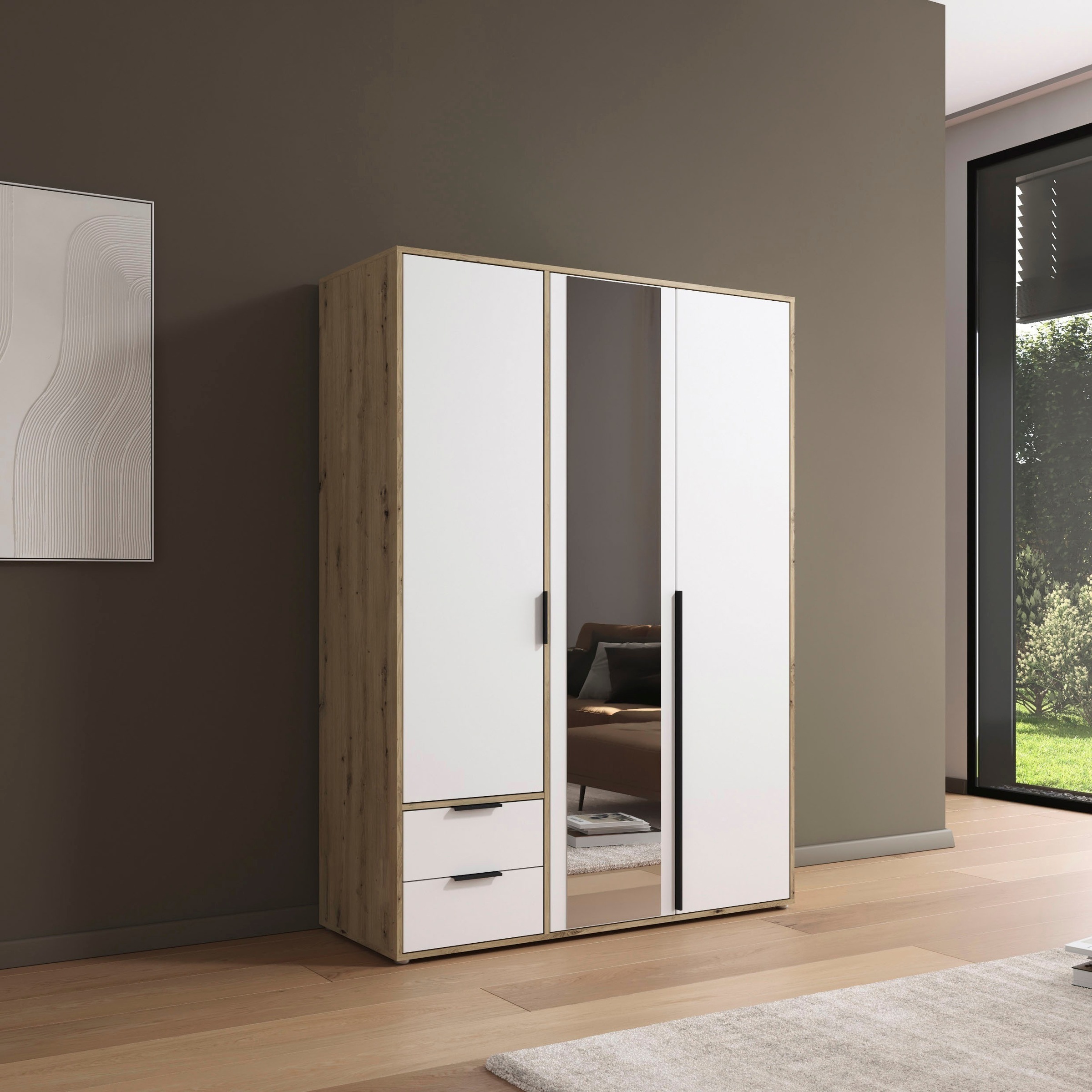 rauch Drehtürenschrank »Kleiderschrank Schrank Garderobe Wäscheschrank NAGATA mit Spiegel«, (in 3 verschiedenen Ausstattungen BASIC/CLASSIC/PREMIUM), und Schubladen sowie Stangengriffen TOPSELLER MADE IN GERMANY