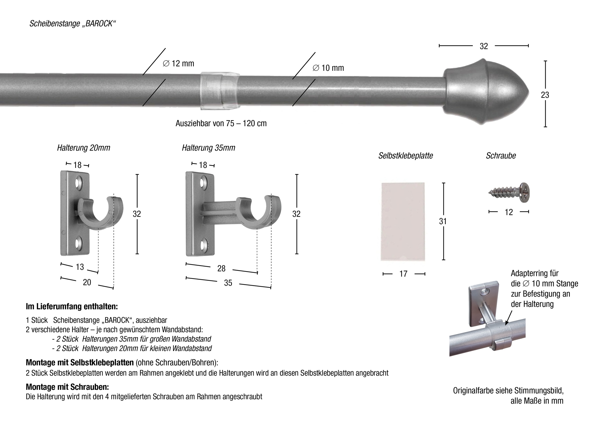 GARESA Scheibenstange »BAROCK«, 1 läufig-läufig, ausziehbar, Montage zum Schrauben oder klemmen, ausziehbar