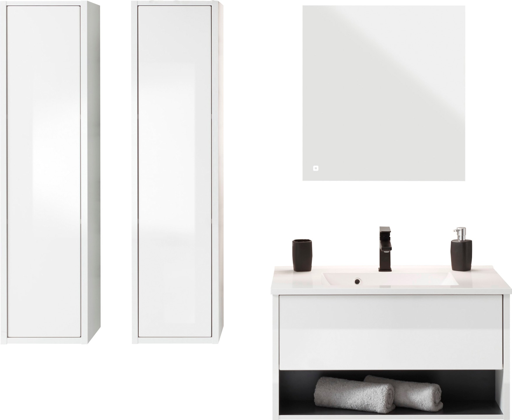 Places of Style Badmöbel-Set »Studio Line, Bad im modernen Design, 4-teiliges Badezimmer«, (4 St.), Schrank, Waschtisch und Spiegel, in zwei Farben verfügbar, Stauraum
