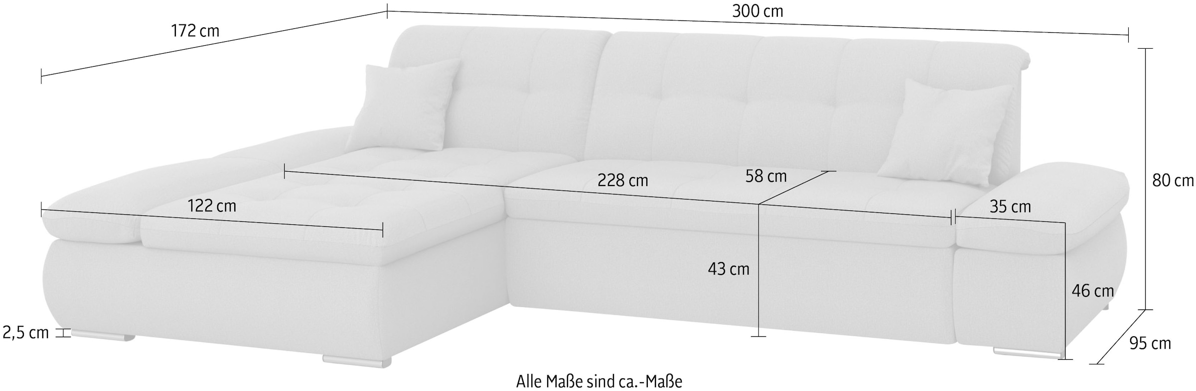 DOMO collection Ecksofa »Moric, L-Form, XXL-Sofa - Breite 300cm«, wahlweise mit Bettfunktion und Armteilverstellung, grau-eisblau