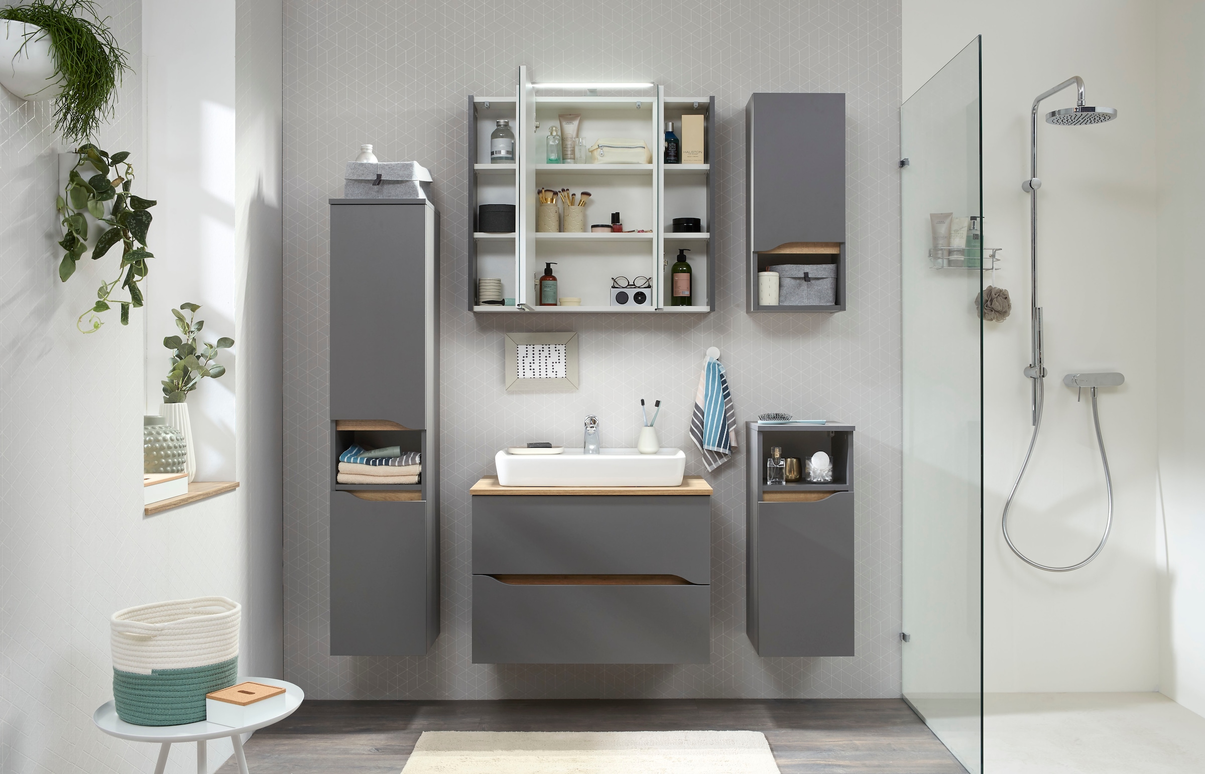 Saphir Badmöbel-Set »Quickset 5-teilig, Keramik-Aufsatzbecken und LED-Spiegelschrank«, (7 St.), Midischrank, Unterschrank, Hängeschrank, inkl. Türdämpfer, 7 Türen