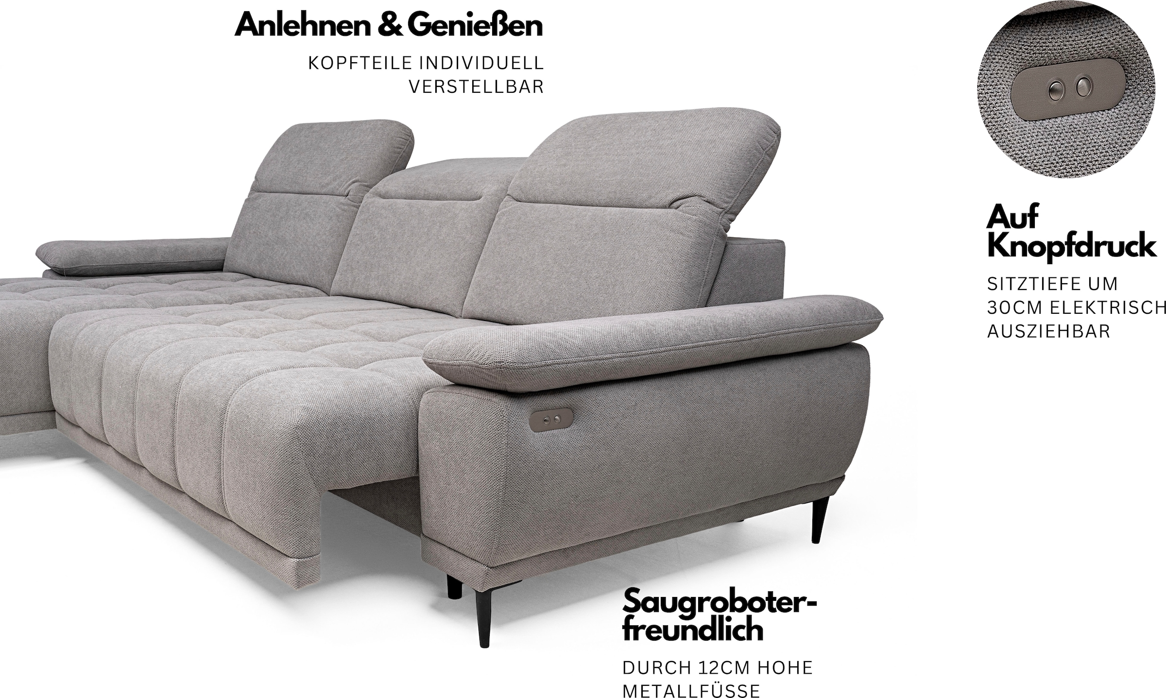 WERK2 Ecksofa »Focus-S, inkl. elektr. Sitzvorzug, manuelle Kopfteilverstellung« elektr. Sitztiefenverstellung, flexible Kopfstützen, 12cm Füße, L-Form