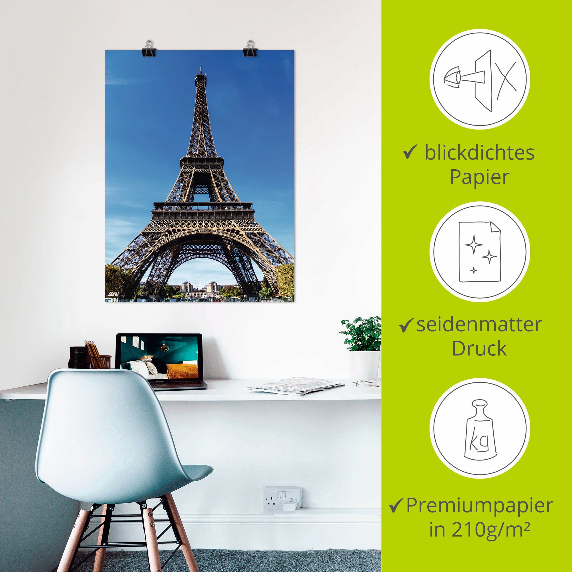 Artland Poster »Blick auf den Eiffelturm in Paris II«, Gebäude, (1 St.), als Alubild, Leinwandbild, Wandaufkleber oder Poster in versch. Größen
