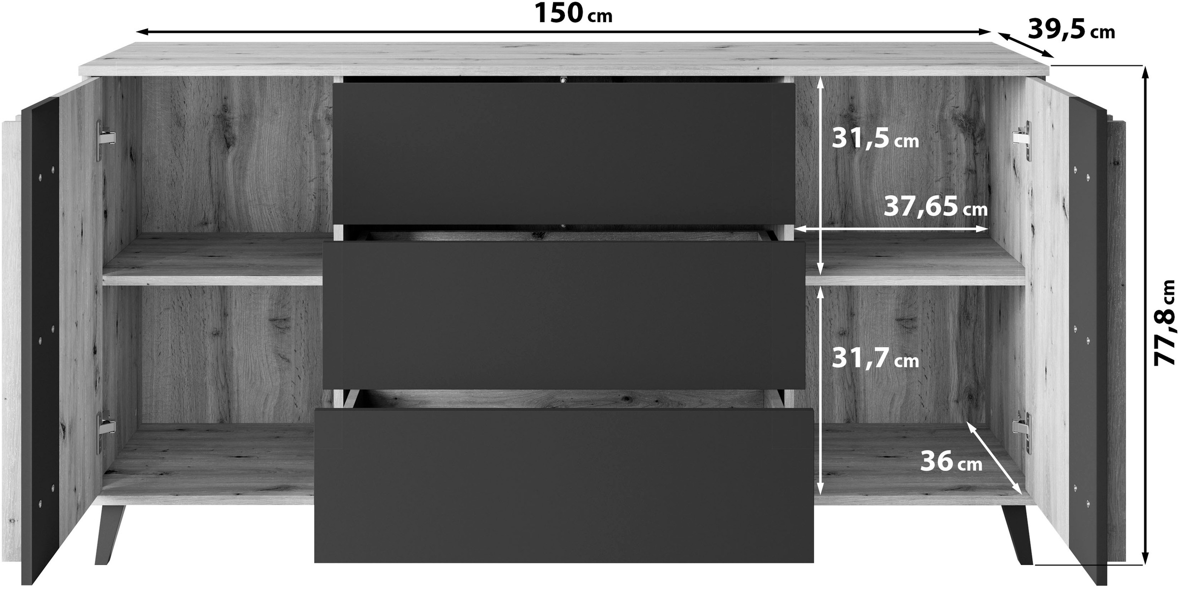 INOSIGN Sideboard »Helsinki, Kommode mit 2 Türen und 3 Schubladen, Breite 150 cm«, (1 St.), Push-to-Open-Schubladen, höhenverstellbare Einlegeböden