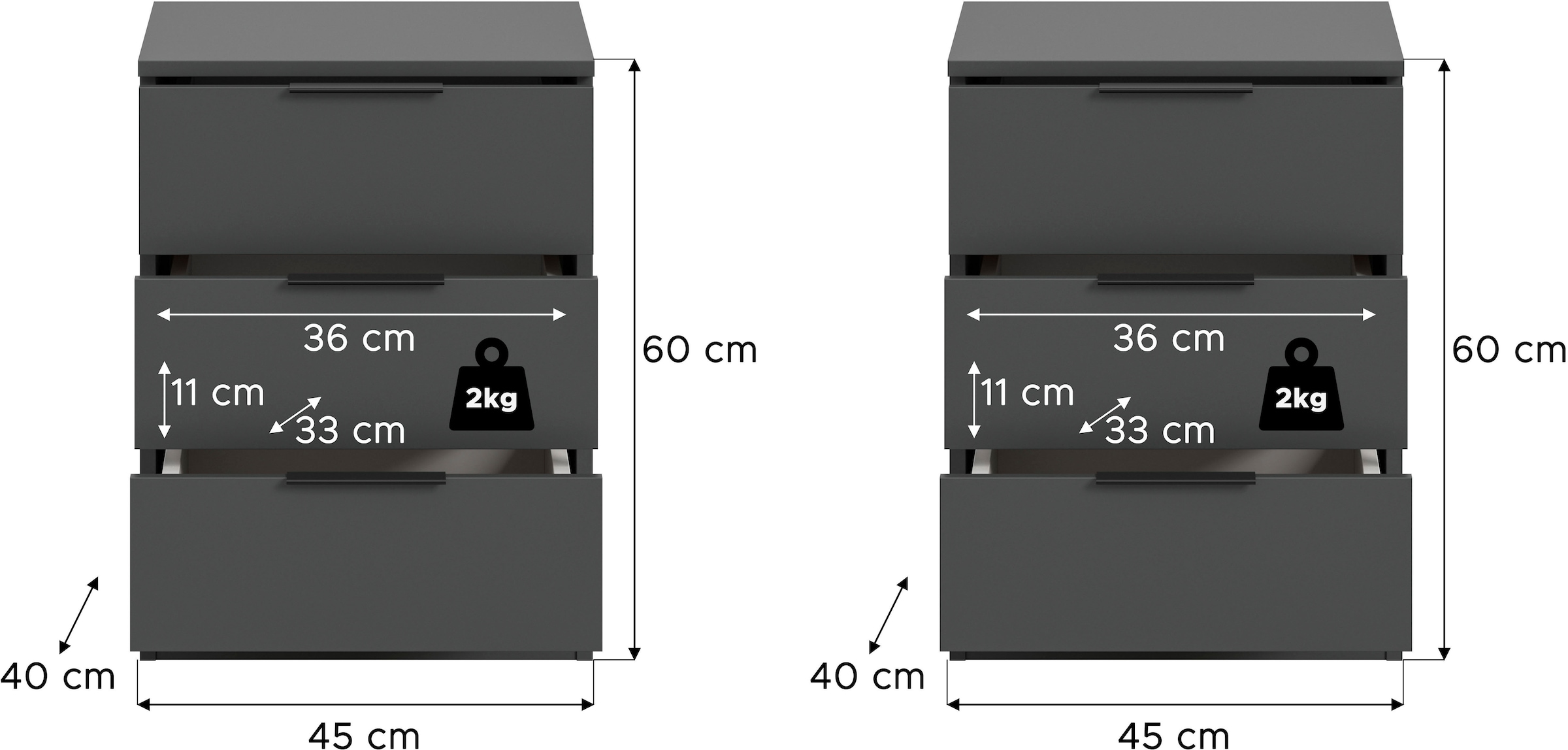 Home affaire Nachtkommode »Skarde 2 Nachttische, jeweils Breite: 45 cm«, (Set, 2 St., Sie bekommen 2 Nachttische im Set), Skarde, 2er Set Nachtkommoden, 3 Schubkästen, anthrazit