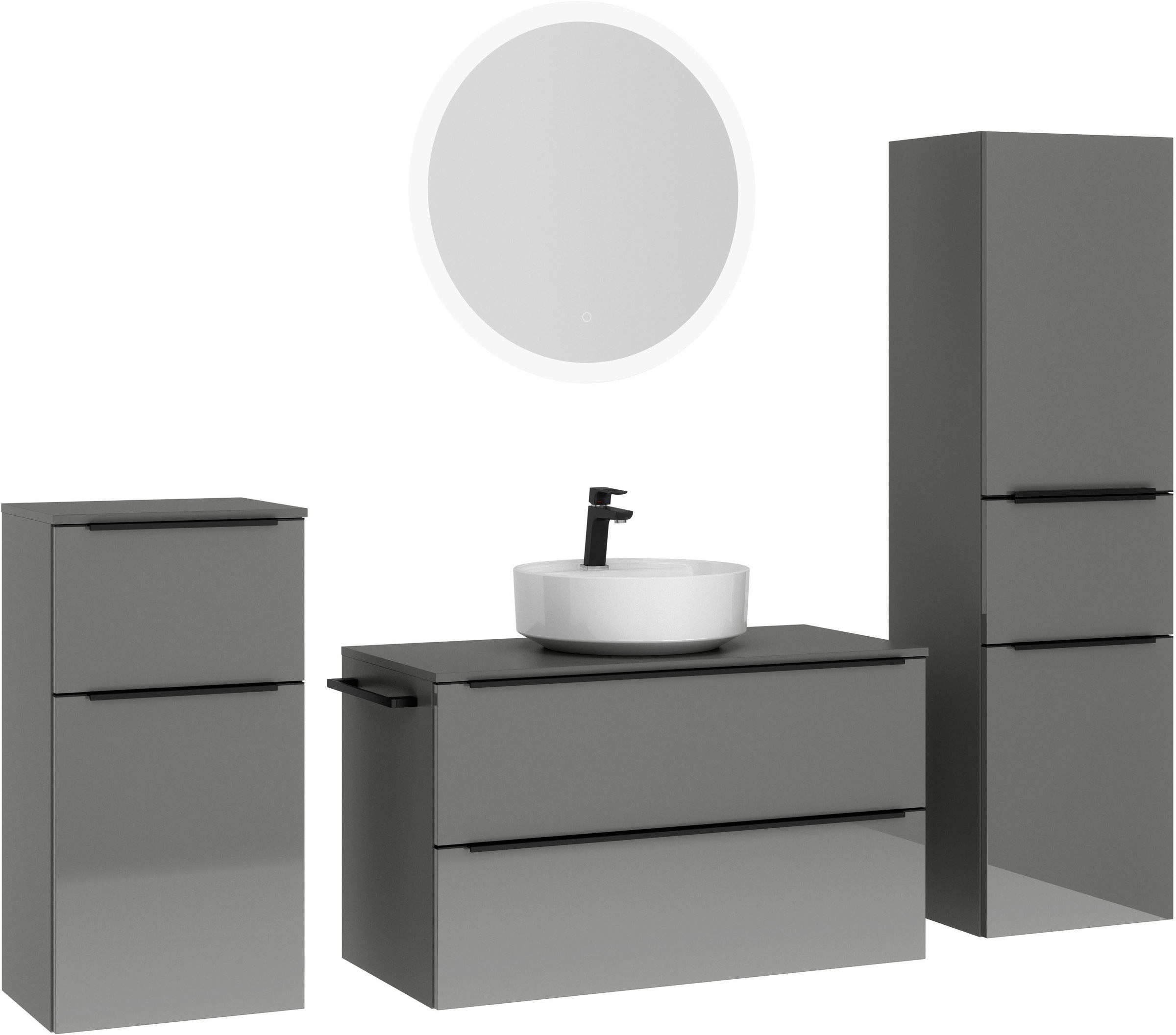 nobilia® Badmöbel-Set »Alvene«, (4 St., vormontiert, mit Soft-Close), Hochglanz, inkl. Spiegel mit Touch-Sensor, in vier Breiten