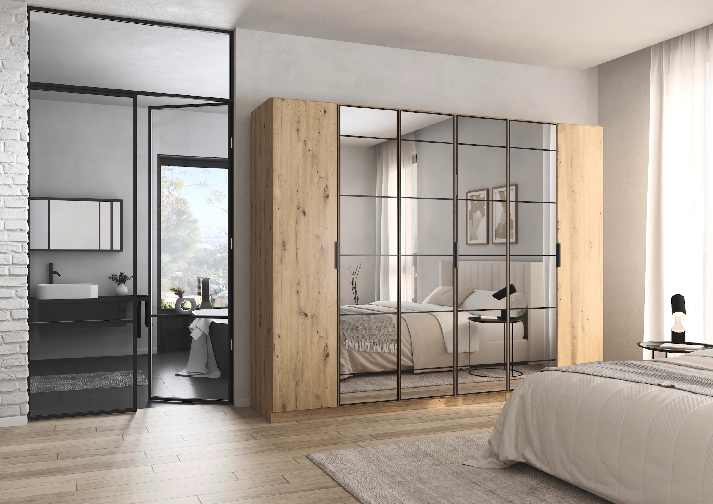 rauch Drehtürenschrank »Kleiderschrank Schrank Garderobe Schlafzimmerschrank ACERO«, Mitteltüren mit Spiegel in moderner Loft-Optik MADE IN GERMANY