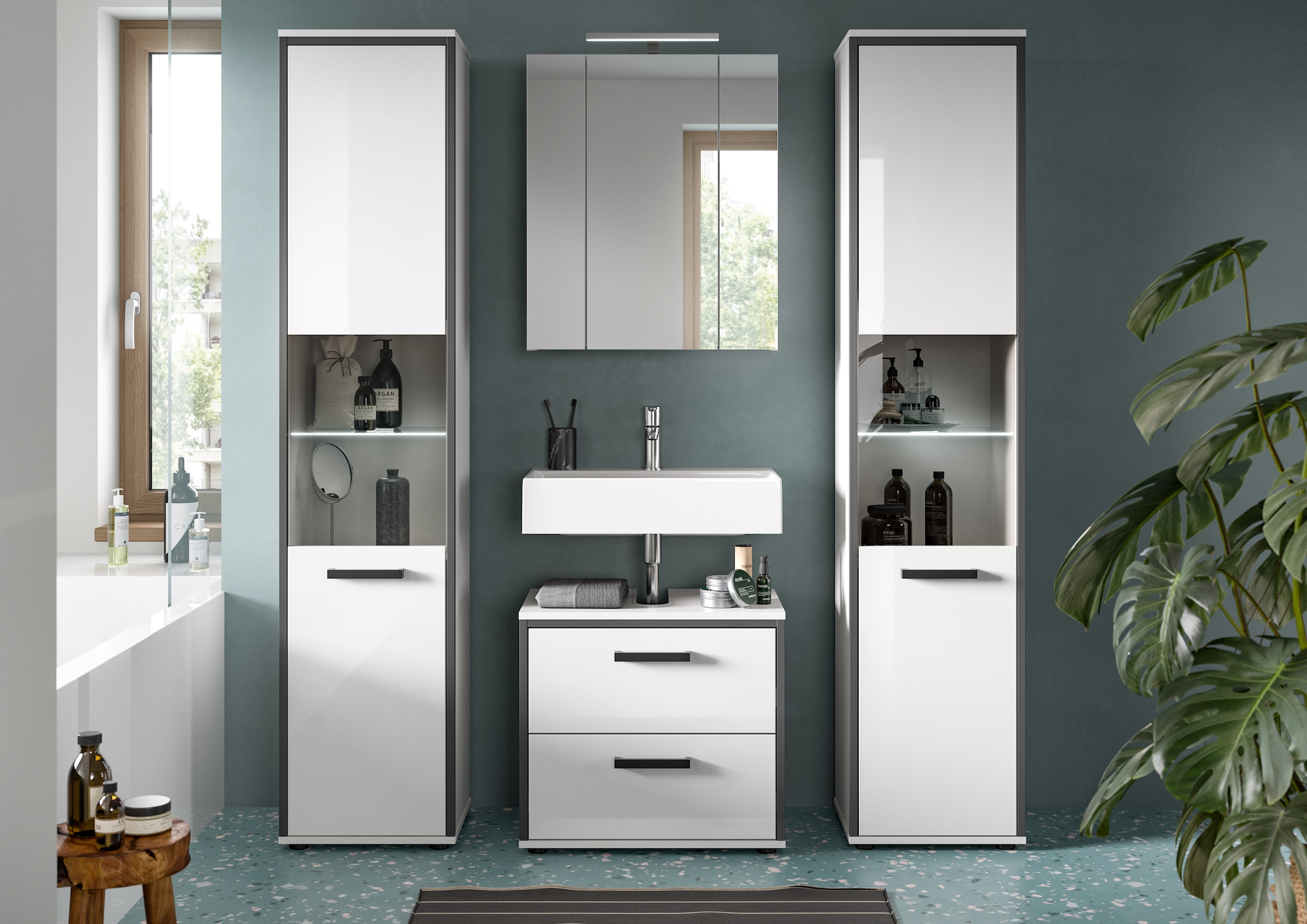 welltime Badmöbel-Set »KAJO, 4-tlg. Badkombination, weiß hochglanz inkl.Beleuchtung« Set, Set, best. aus: 2 Hochschränken,WBU,Spiegelschrank,Beleuchtung, 7 Stk. tlg.