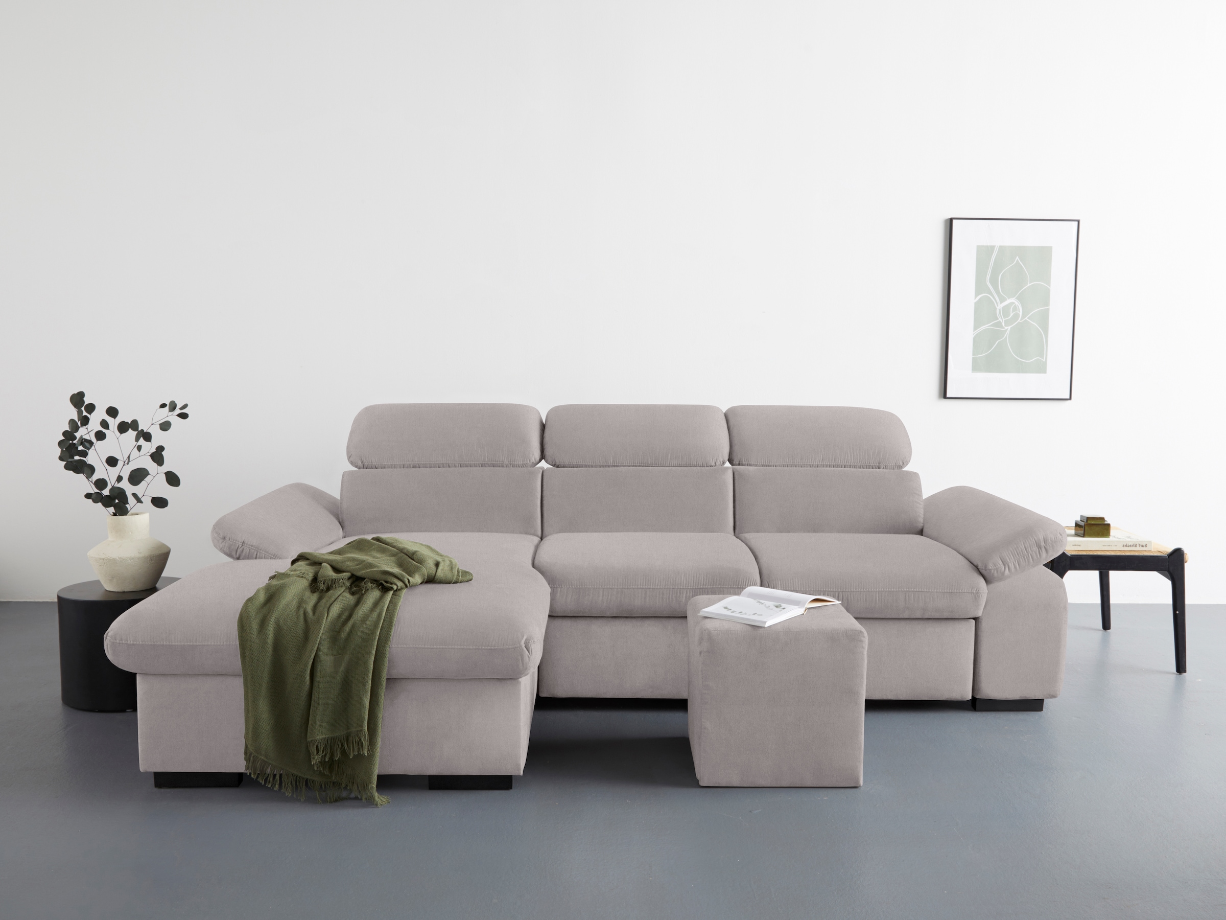 COTTA Ecksofa »Lola L-Form mit Kopfteilfunktion & Hocker«, (Set, mit Hocker), wahlweise mit Bettfunktion, Bettkasten & Armteilverstellung