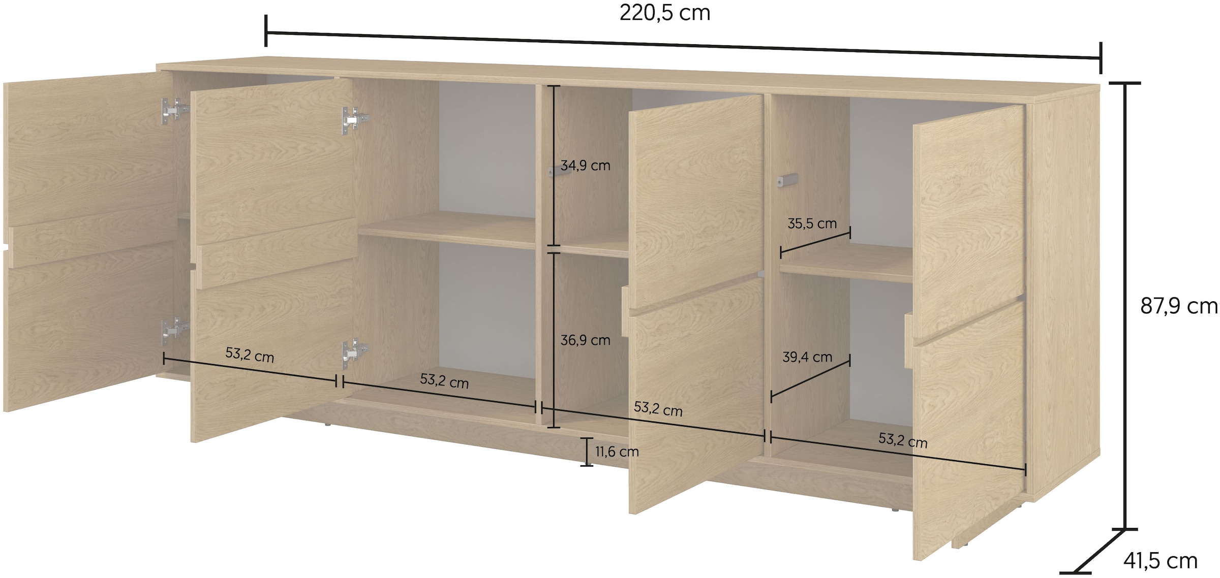 OTTO home Sideboard »Tatami, Stilvolle, moderne grifflose Kommode 4 Türen, Breite 220cm« Anrichte mit viel Stauraum, Böden verstellbar, push-to-open-Funktion