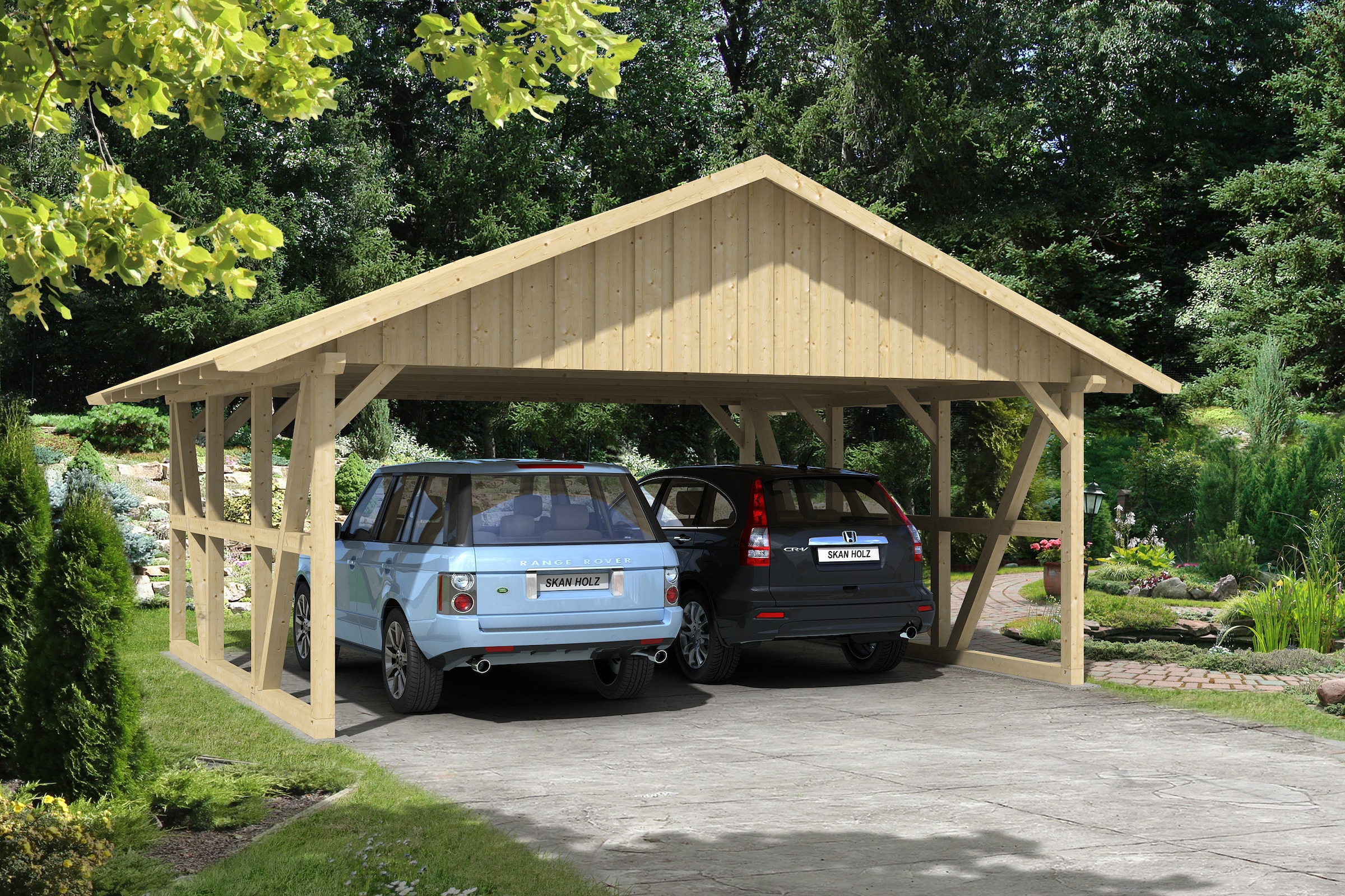Skanholz Doppelcarport »Schwarzwald«, KVH-Fichte, 560 cm, Natur, mit Dachschalung