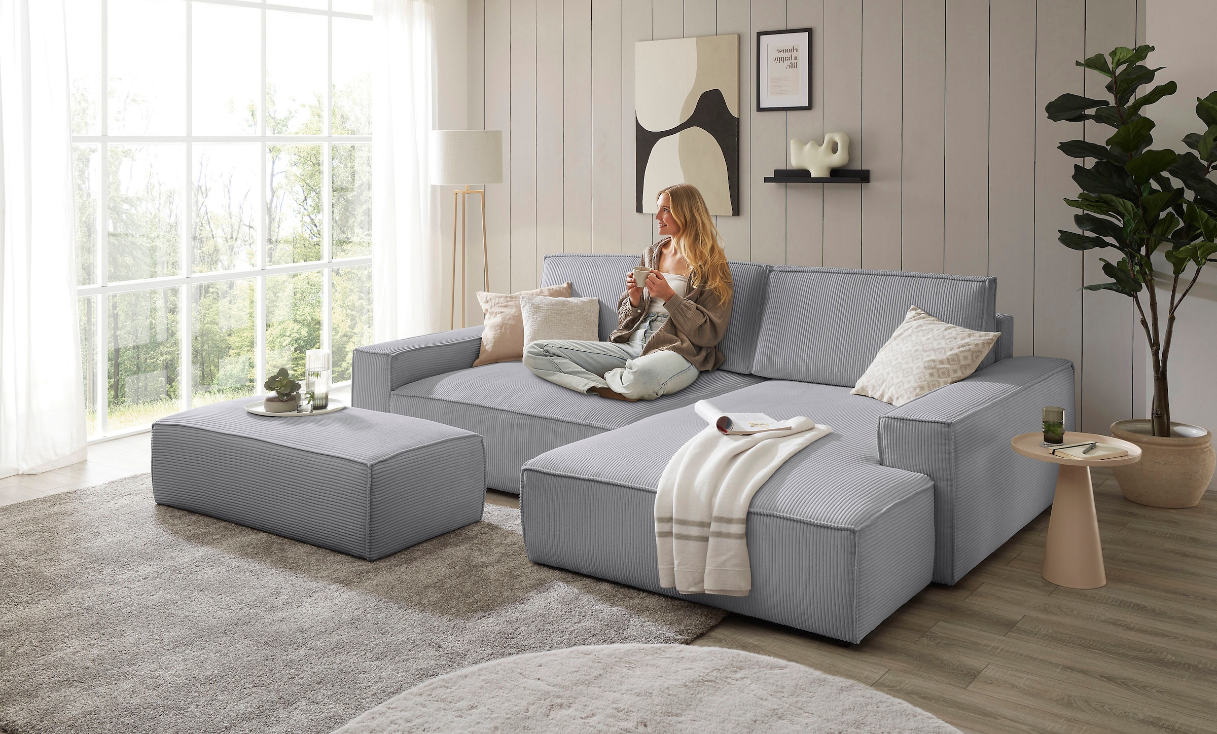 Home affaire Polsterecke »NEU: SHERWOOD XXL tief, L-Form mit Schlaffunktion, Big-Sofa mit Hocker«, (Set, 2 St.), stellbar zum Schlafsofa (Krokodilverbinder), Cord, Leinenoptik