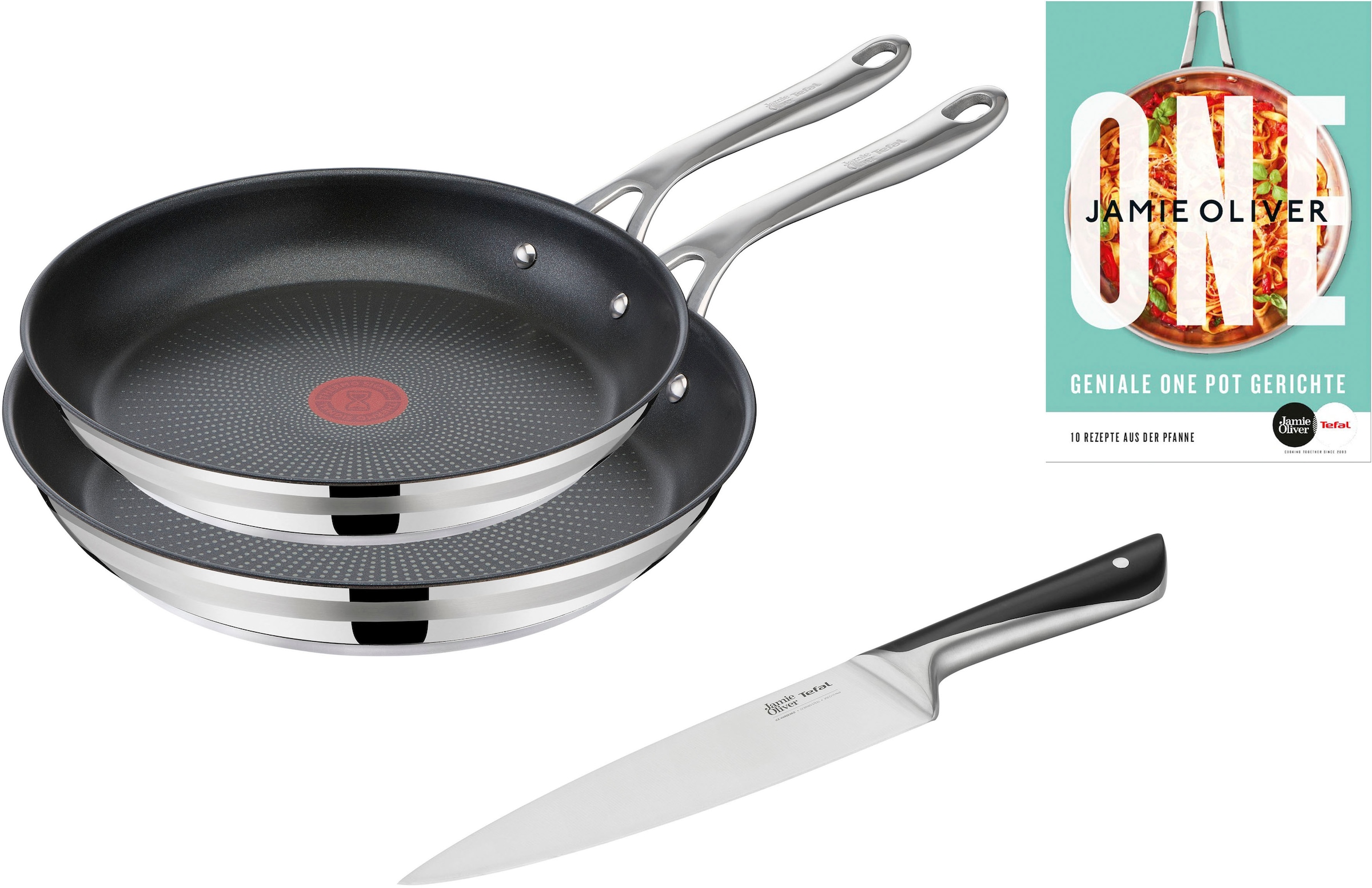Tefal Pfannen-Set »Jamie Oliver Cook Smart«, Edelstahl 18/10, (Set, je 1 Pfanne 24 und 28 cm, 1 Kochmesser), stilvolle Edelstahl-Pfannen, inkl. Kochmesser, Rezeptbuch