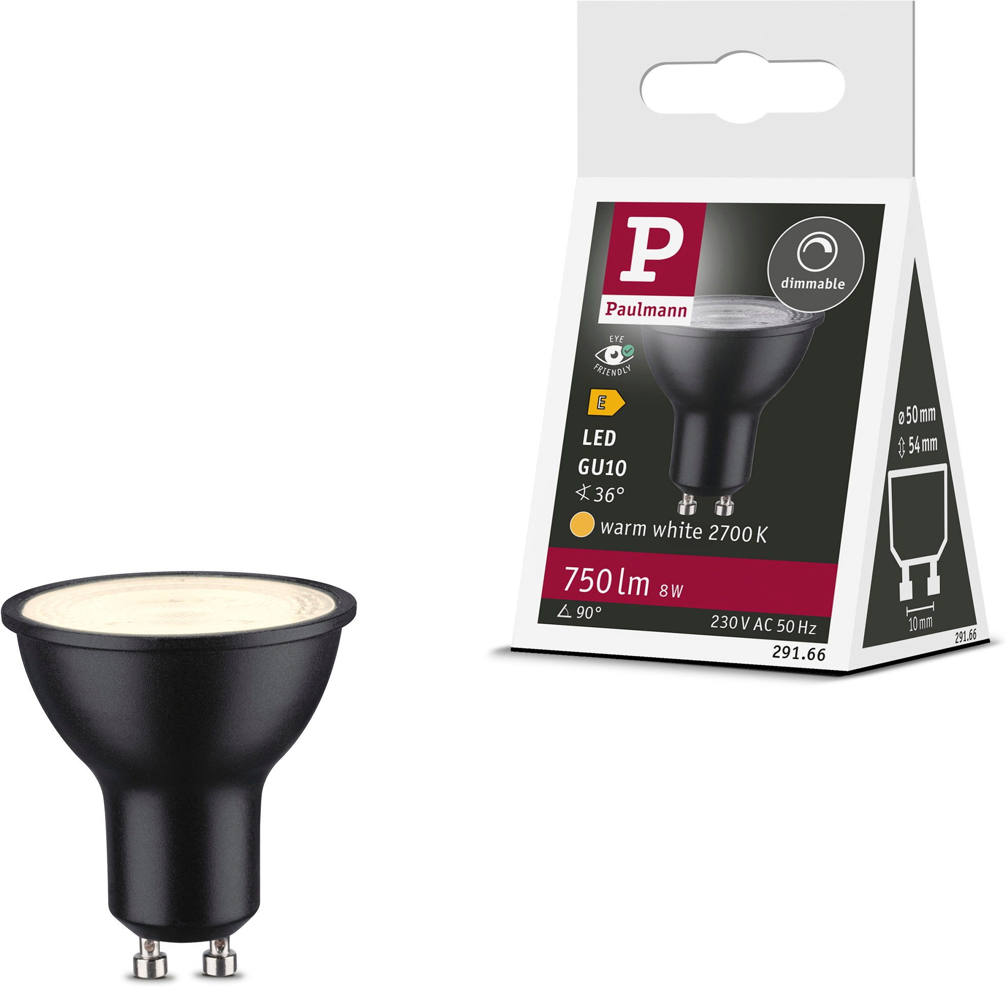 Paulmann LED-Leuchtmittel »750lm 2700K 36° schwarz matt dim 8W 230V RAL9004« GU10 1 Stk. Warmweiß Dimmbar