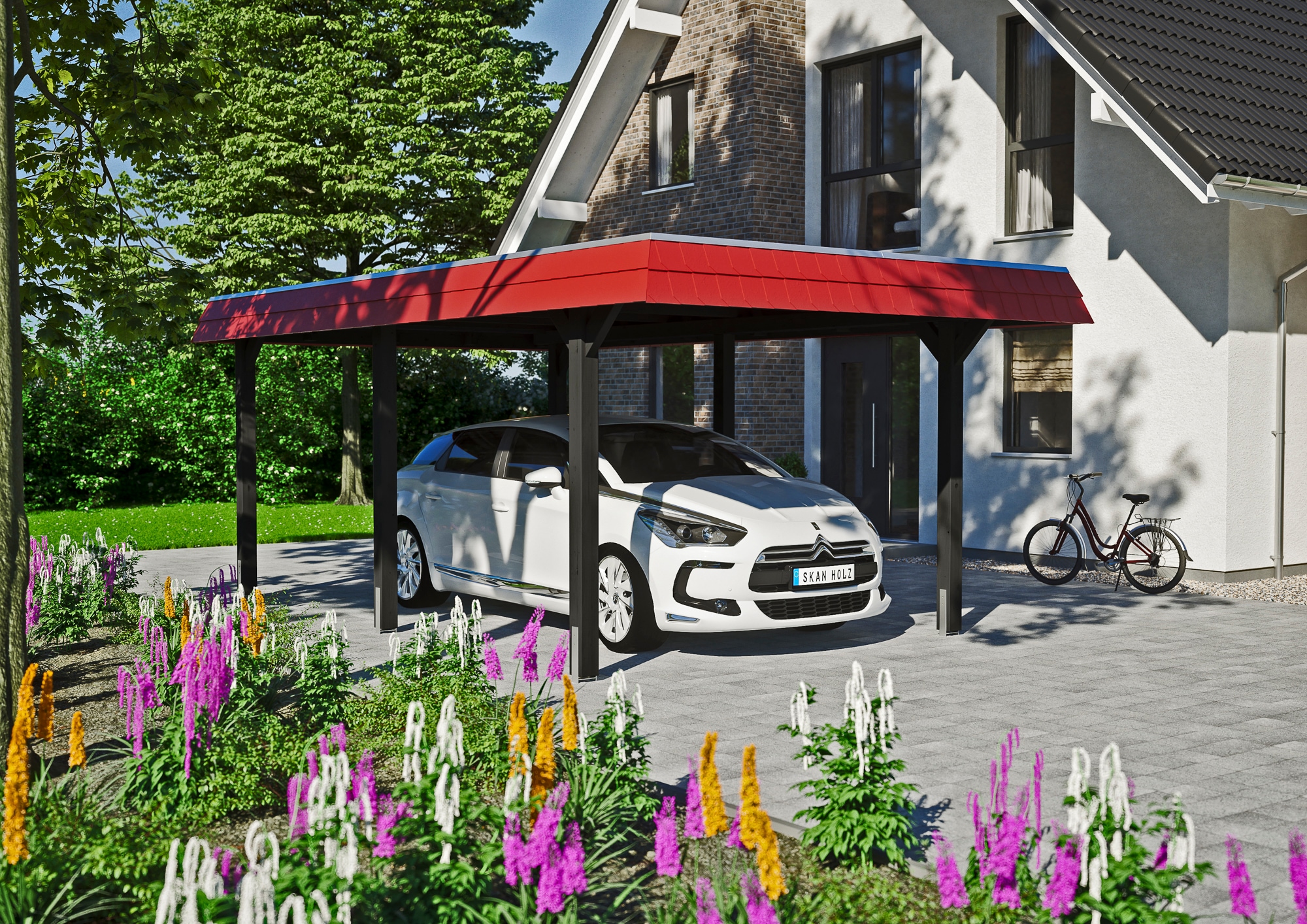 Skanholz Einzelcarport »Wendland« Massivholz 291 cm Anthrazit, rote Blende günstig online kaufen