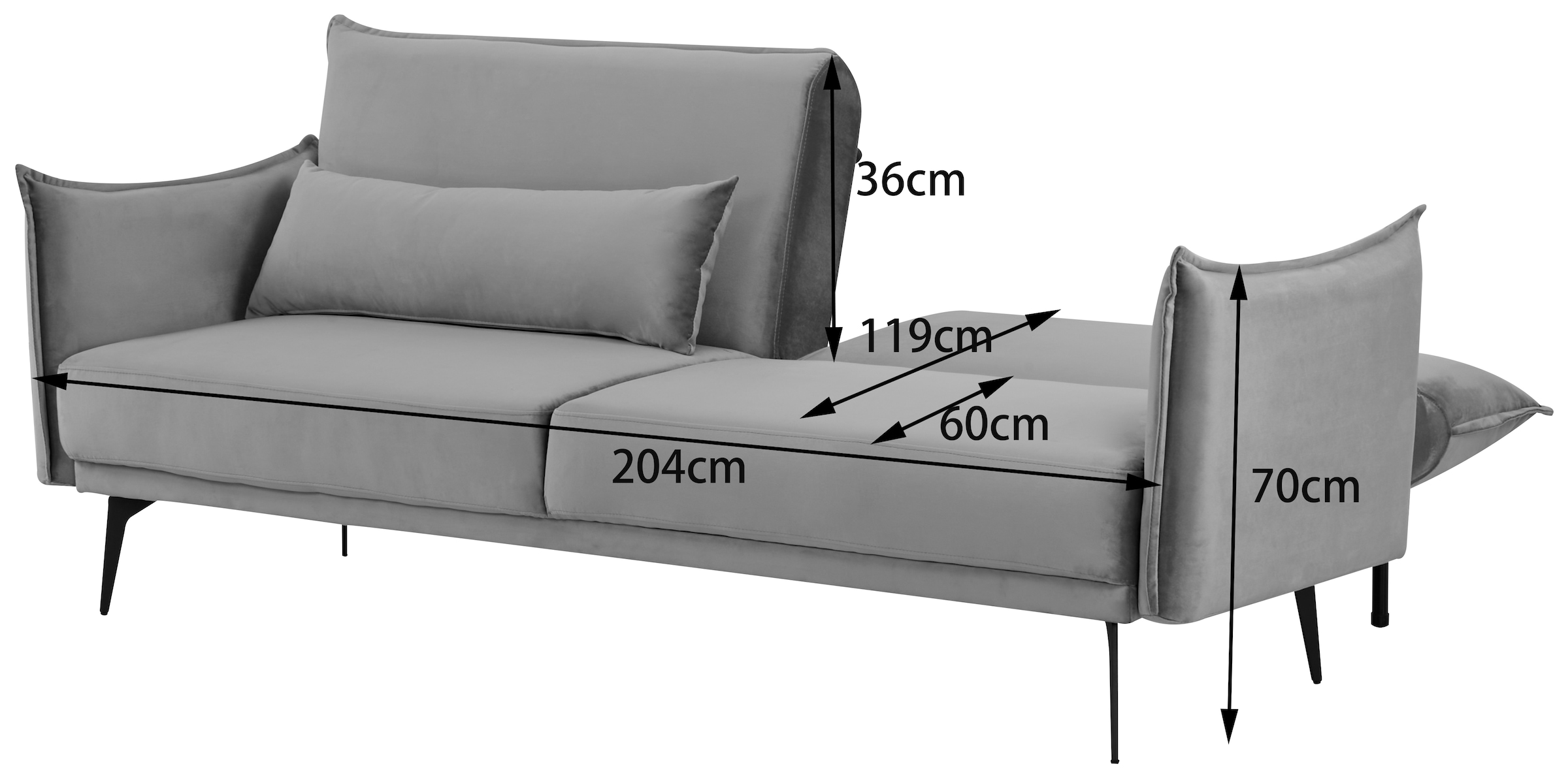 INOSIGN Schlafsofa »TULARE, 204 cm, klappbarer 3-Sitzer mit verstellbarer Rückenlehne,«, Schlaffunktion, Velvet-Samtvelours u. Webstoff
