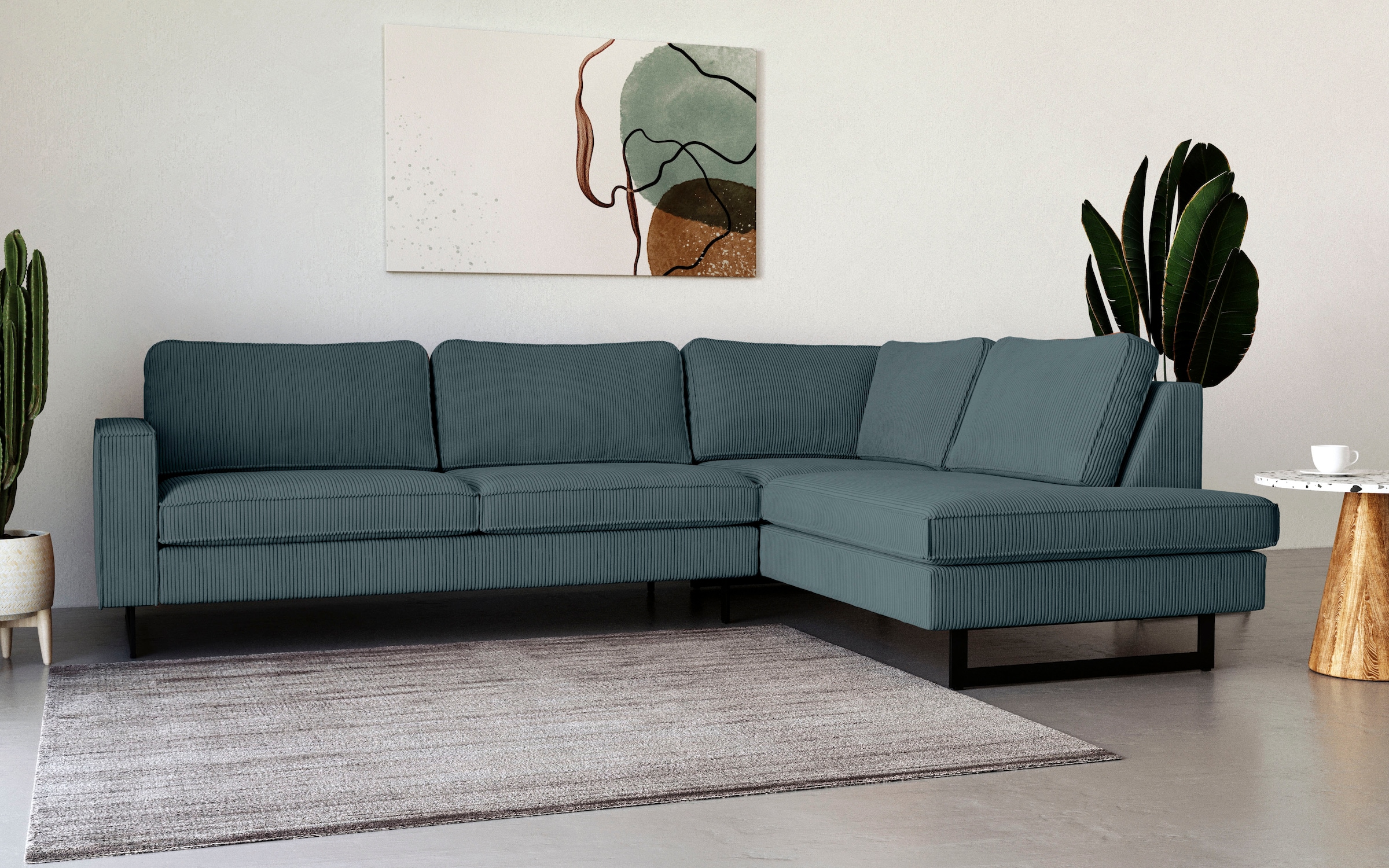Places of Style Ecksofa »Pinto, 290 cm, Cord, Chenille, Lederoptik, Ottomane links / rechts«, mit Keder, schwarze Metallfüße, Wellenunterfederung