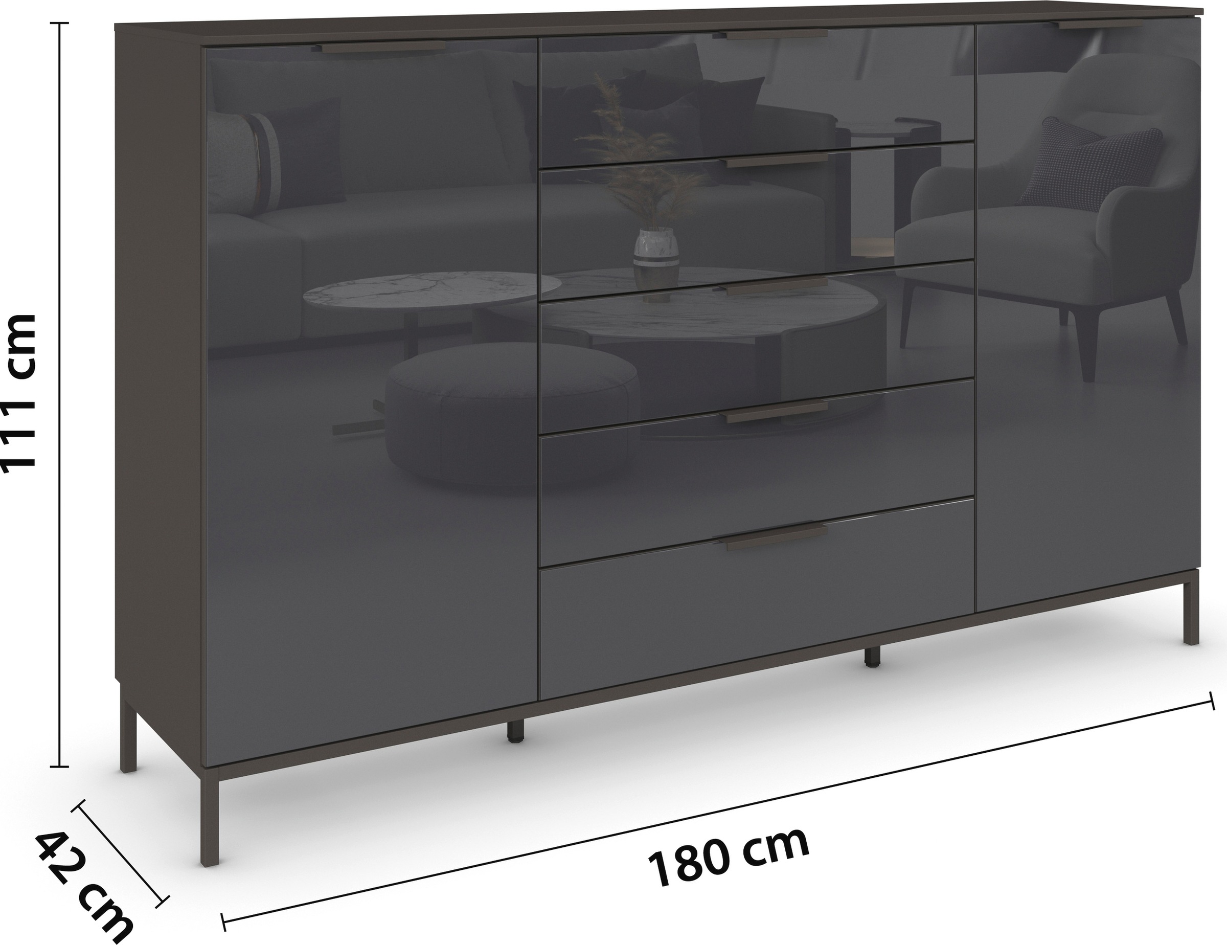 rauch Schubkastenkommode »Kommode Türkommode Sideboard Kombikommode FLIPP mit Glasfront«, (Breite 160/180 cm mit 4 Einlegeböden), 2-trg mit 5 Schubladen und Soft-Close-Funktion, Glasfront, 2 Breiten