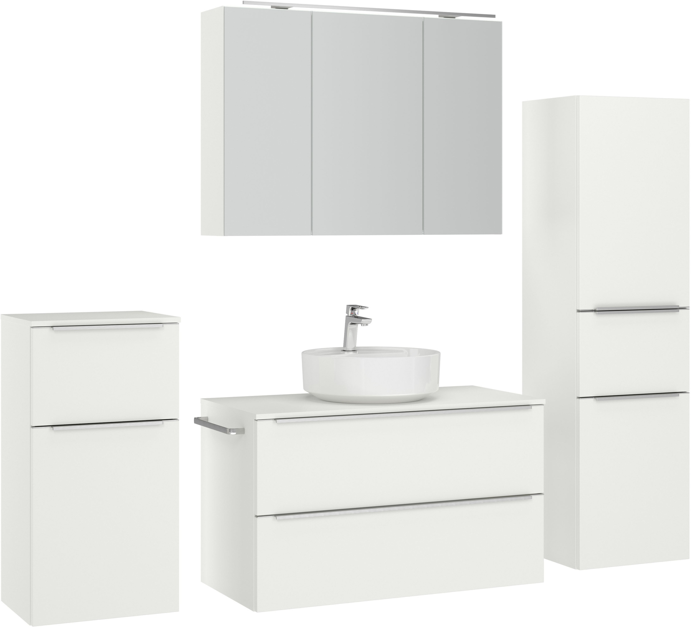 nobilia® Badmöbel-Set »Alvene«, (4 St., vormontiert, mit Soft-Close), inkl. Spiegelschrank mit Beleuchtung und Dimmerfunktion, in 4 Breiten