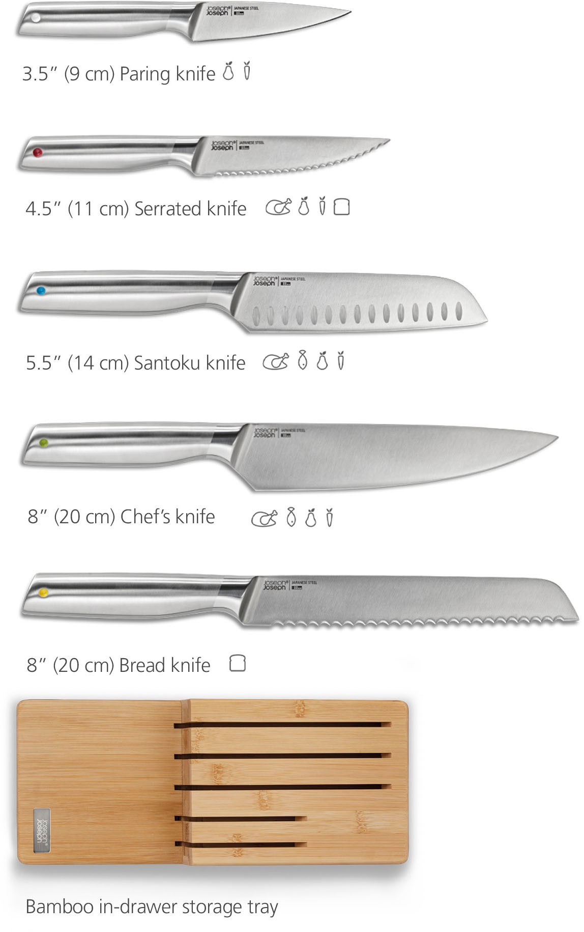 Joseph Joseph Messer-Set »Elevate Steel Knives Bamboo Store«, (6 tlg.), rutschfest, Bambus, japanischer Edelstahl
